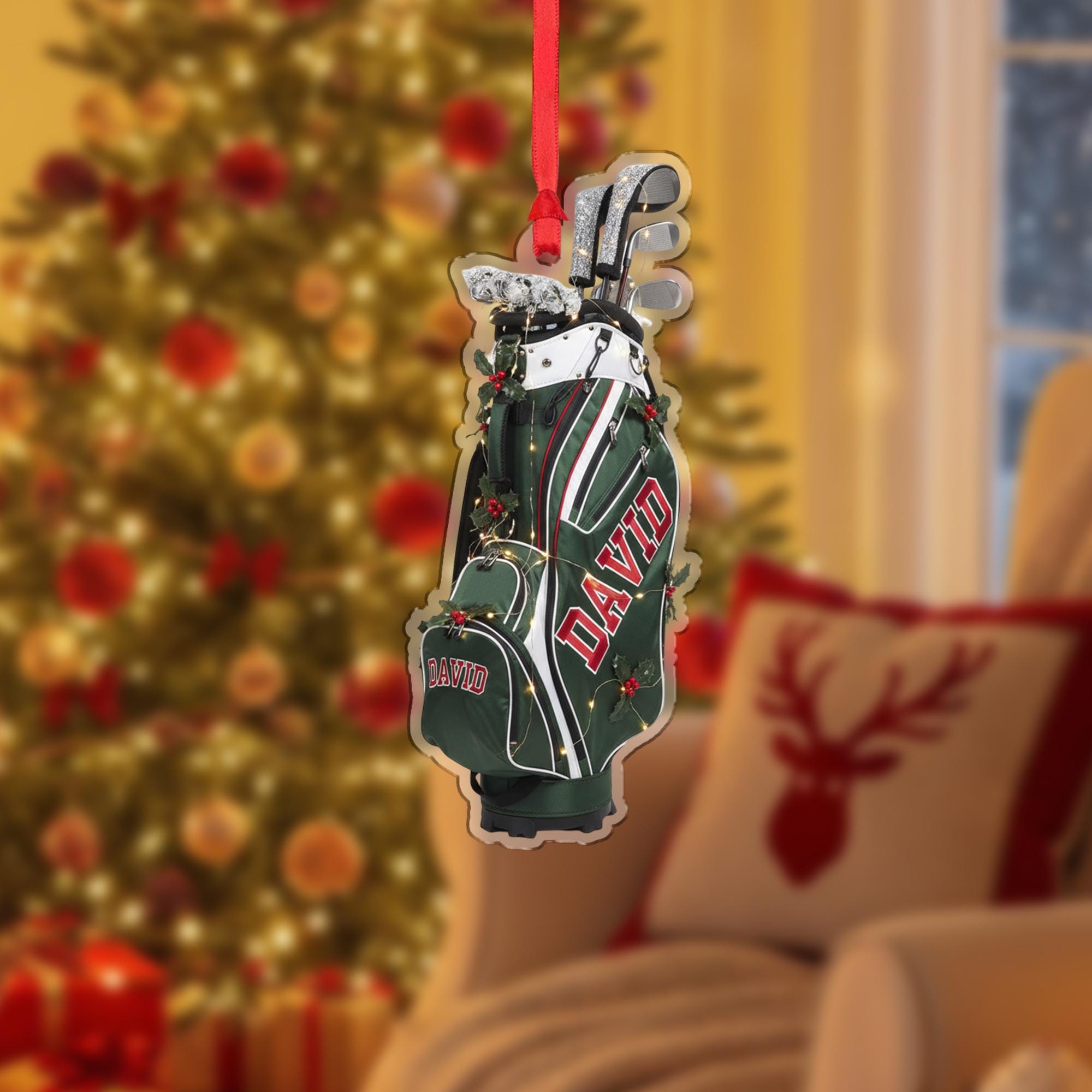 Personalized Ornament – Custom Golf Bag with Clubs and Holiday Lights