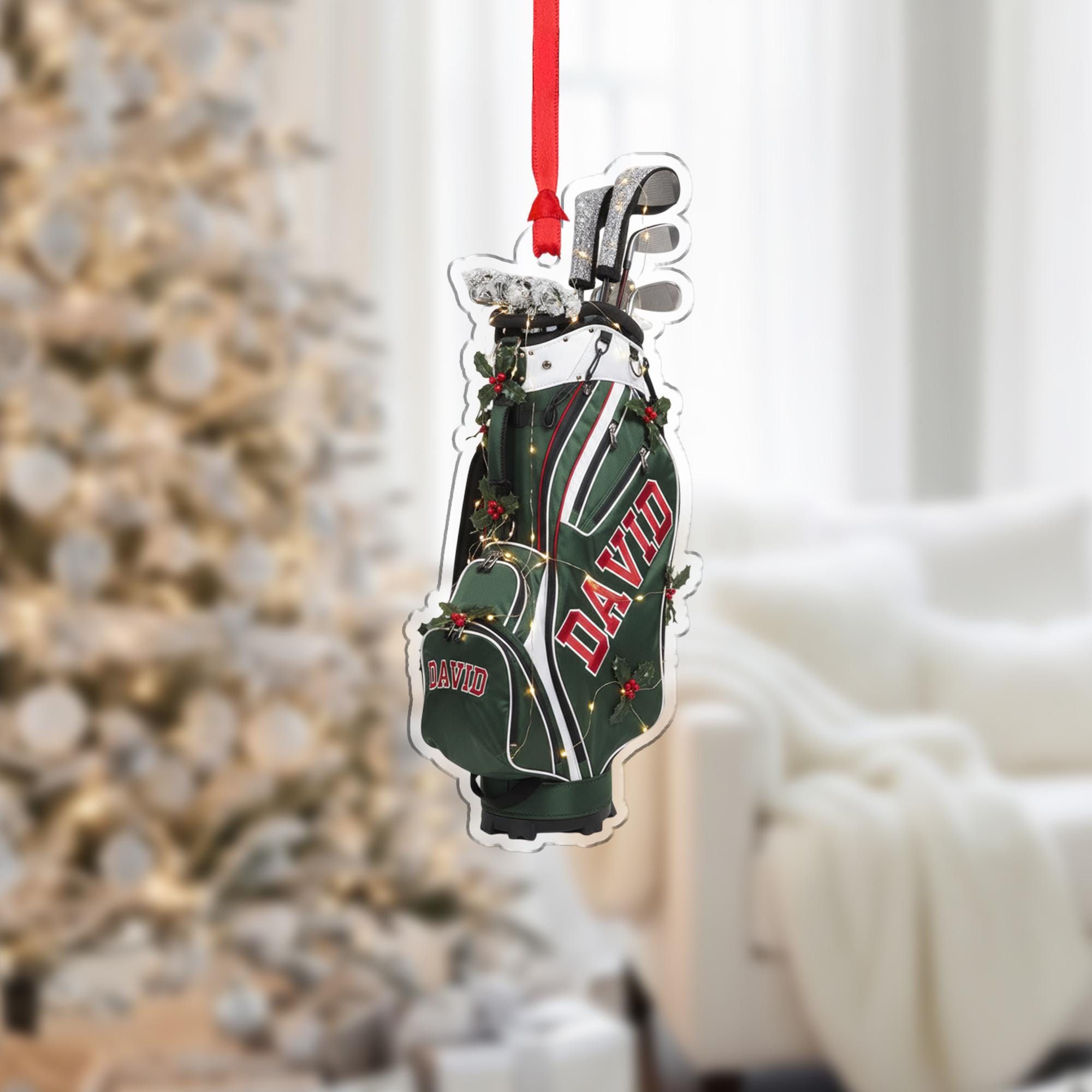 Personalized Ornament – Custom Golf Bag with Clubs and Holiday Lights