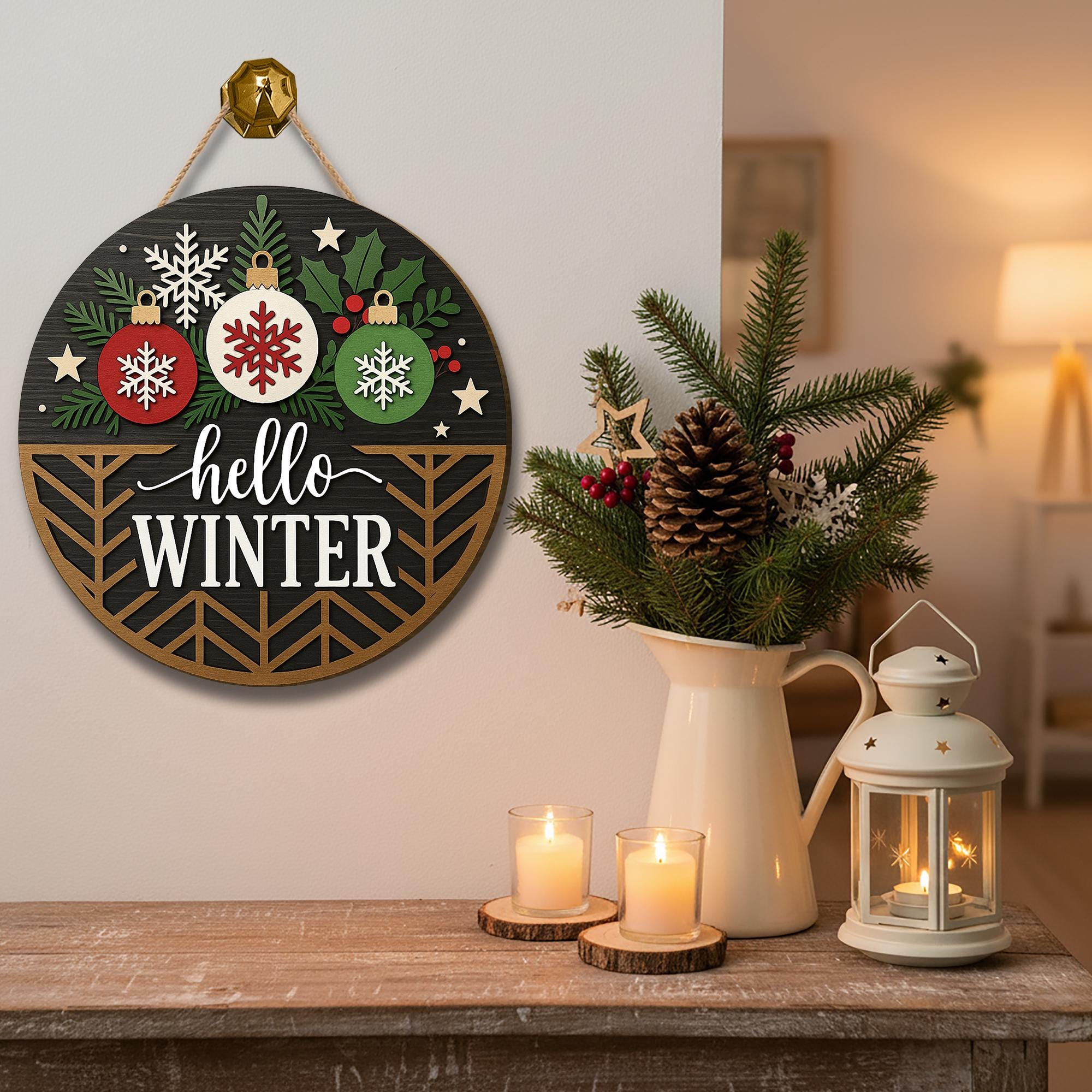 Hello Winter Round Wood Layered Sign – Winter Baubles Door Decor
