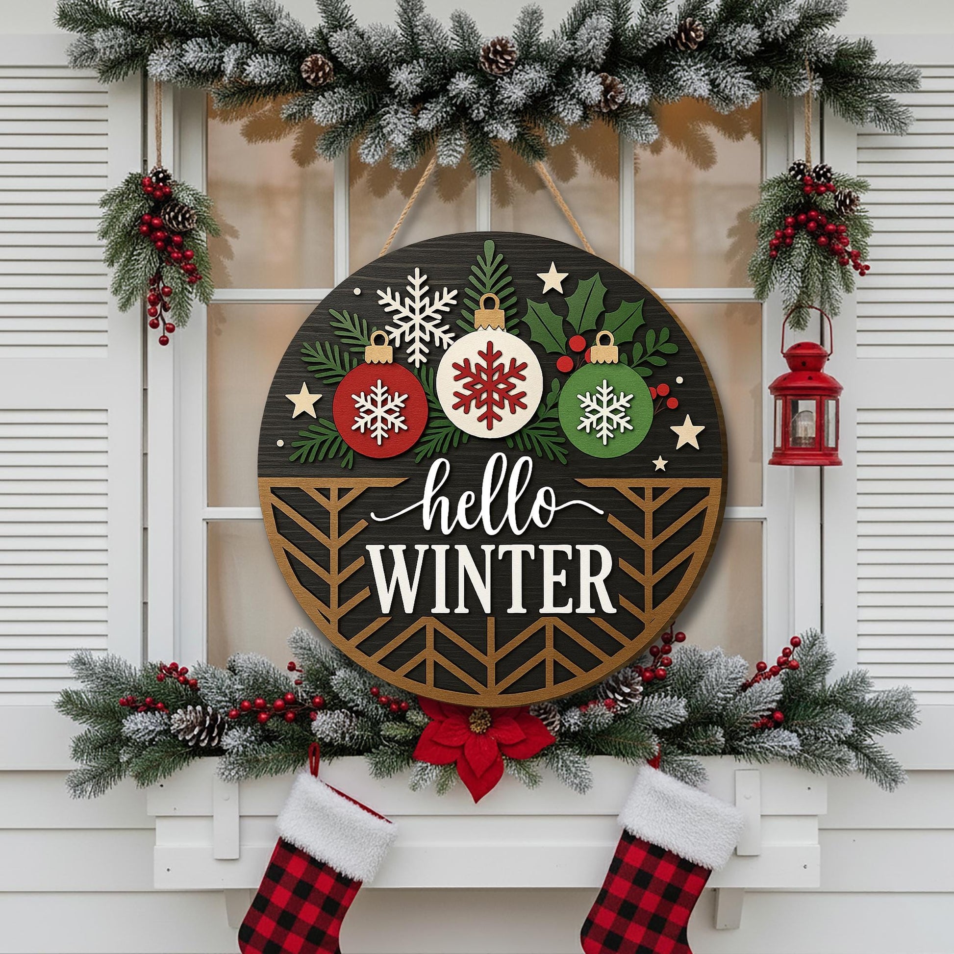 Hello Winter Round Wood Layered Sign – Winter Baubles Door Decor