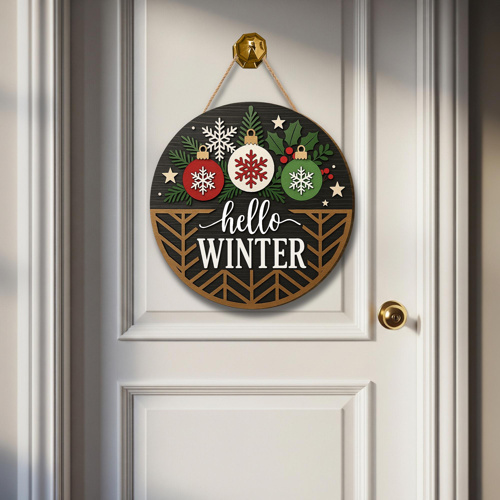 Hello Winter Round Wood Layered Sign – Winter Baubles Door Decor