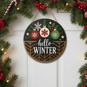 Hello Winter Round Wood Layered Sign – Winter Baubles Door Decor