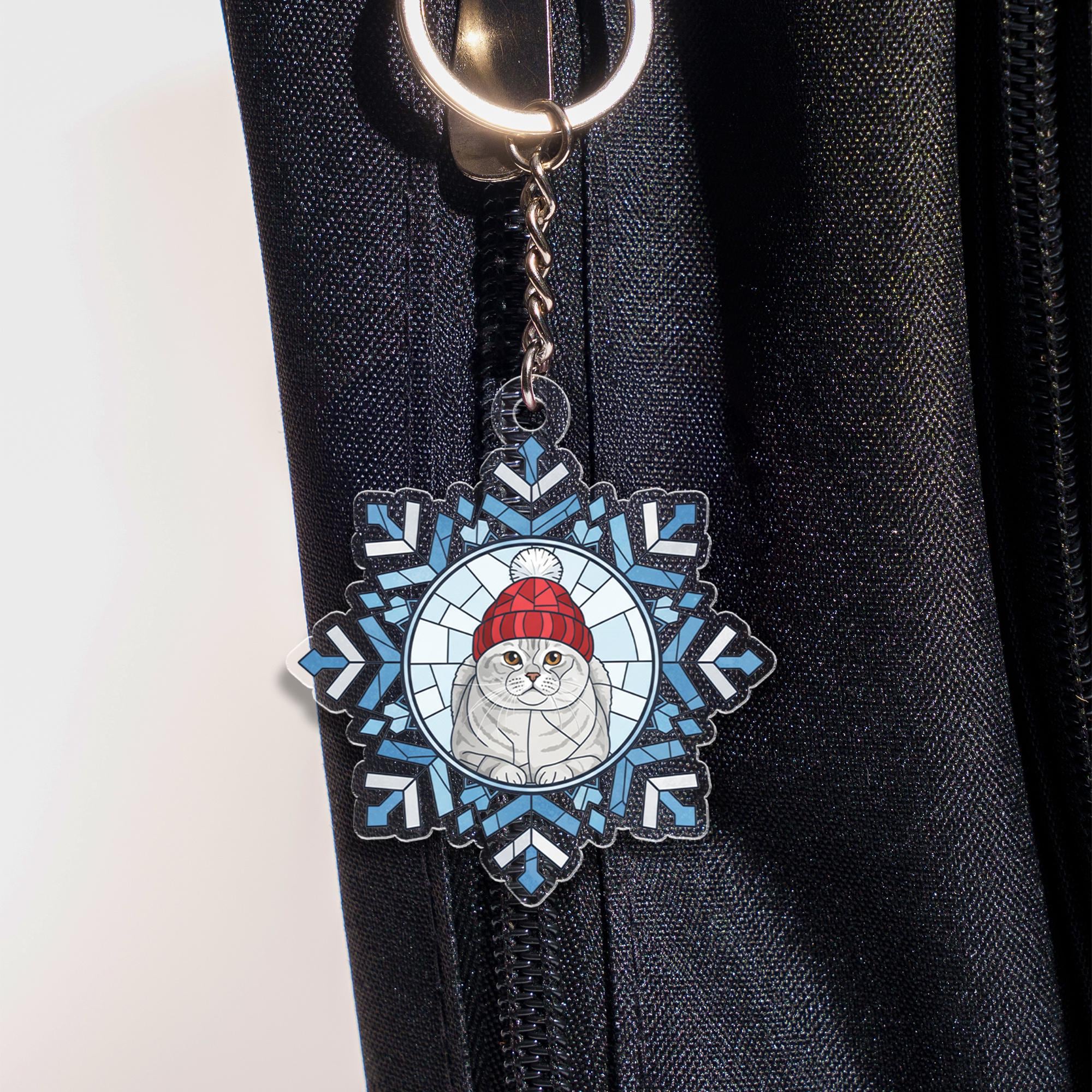Acrylic Keychain – Snowflake Design with Cat in Winter Hat