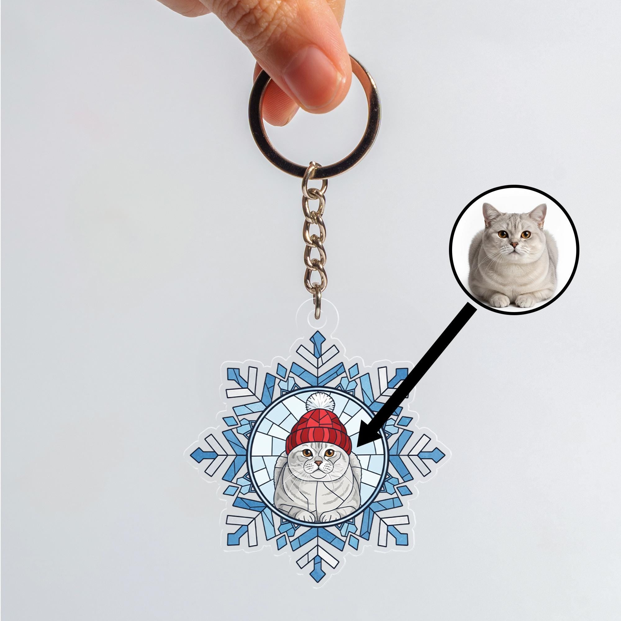 Acrylic Keychain – Snowflake Design with Cat in Winter Hat