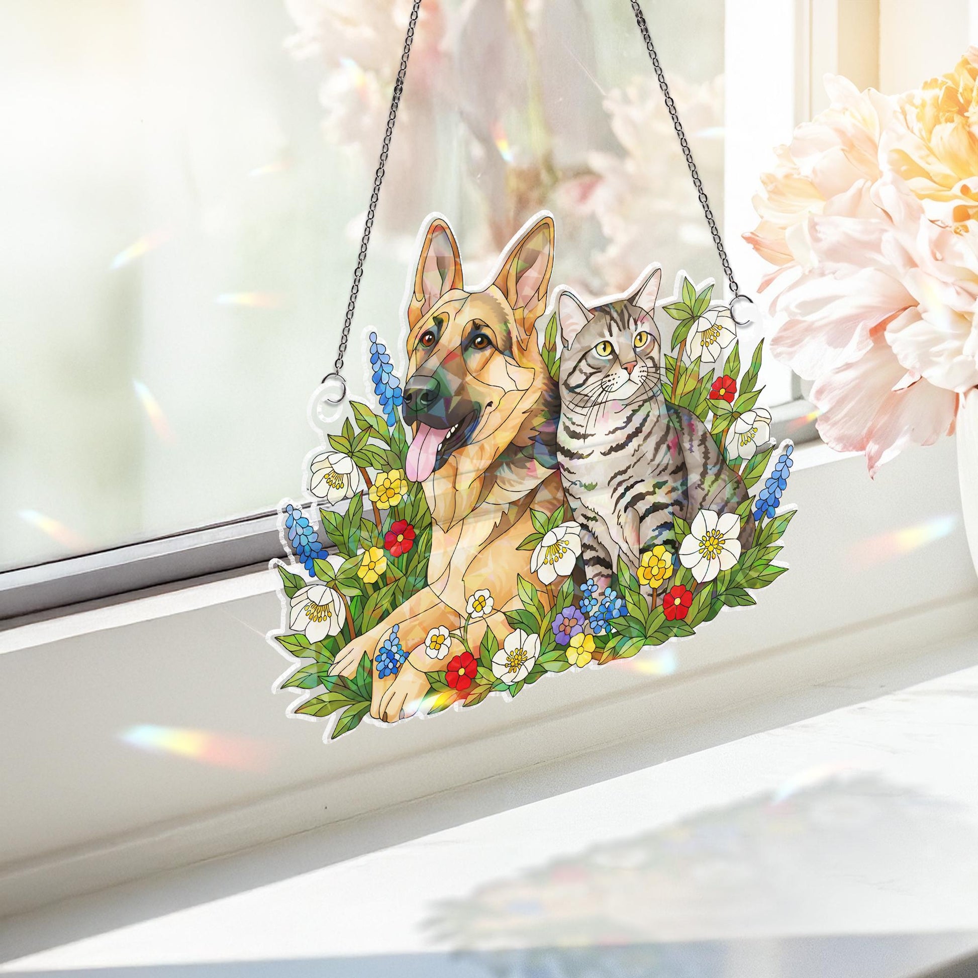 Holographic Window Hanging – Custom Dog and Cat Design with Floral Border