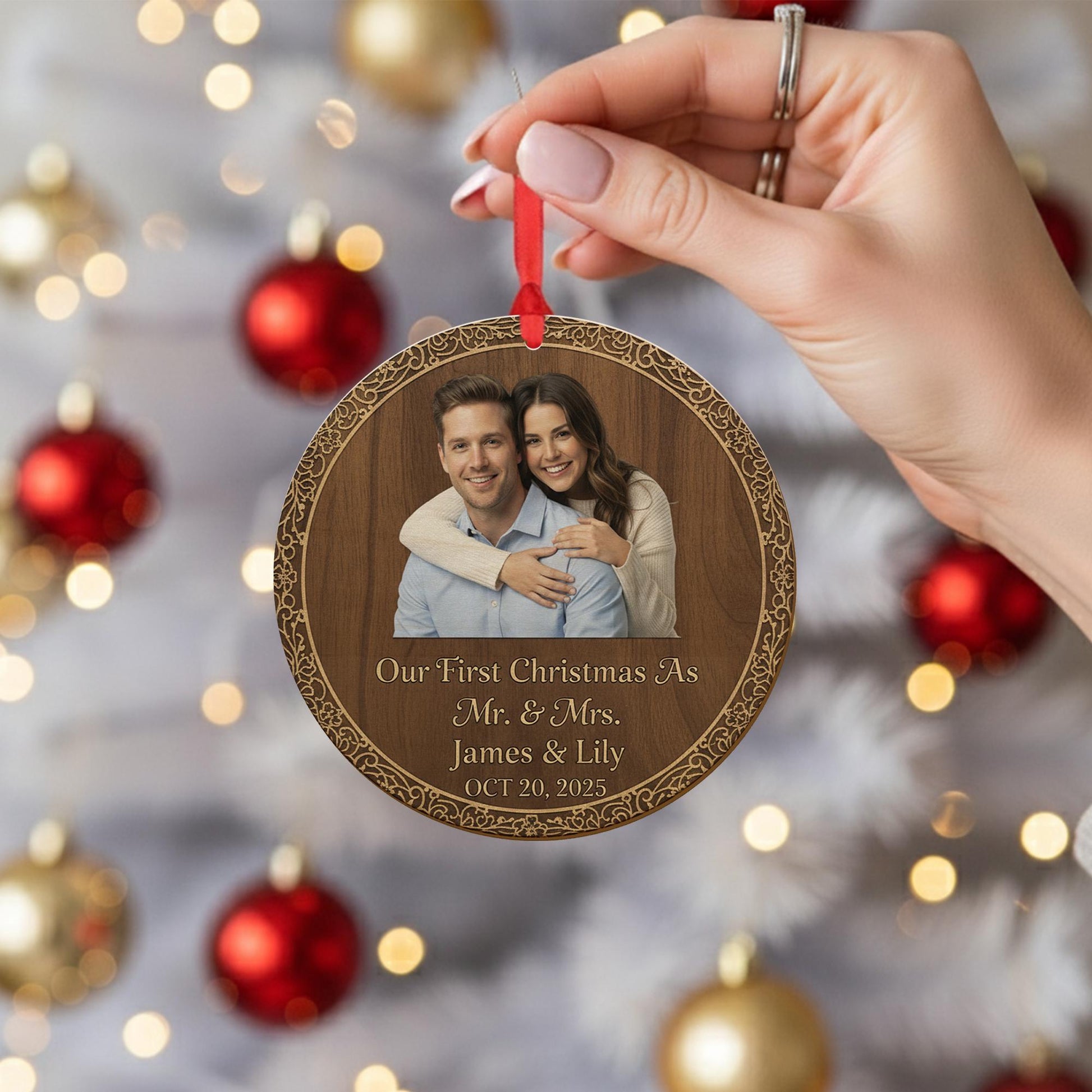 Wood Ornament – Personalized Photo Design with Custom Names and Date
