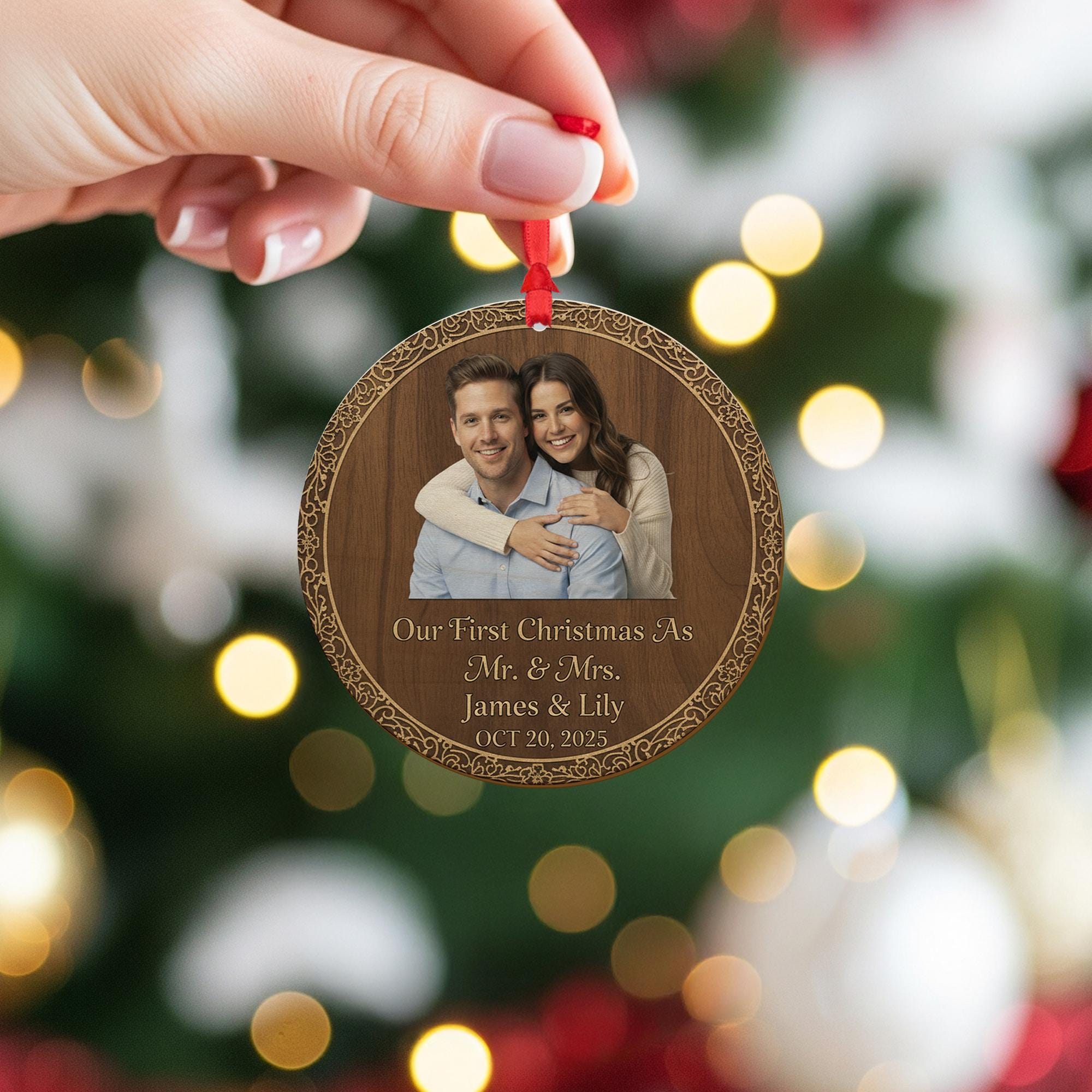 Wood Ornament – Personalized Photo Design with Custom Names and Date