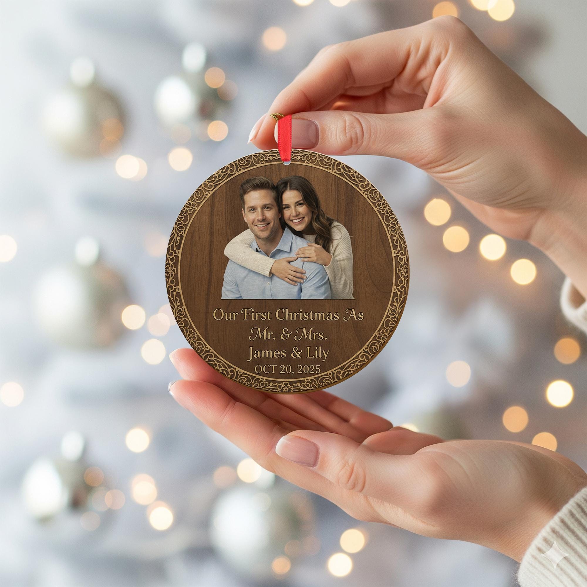 Wood Ornament – Personalized Photo Design with Custom Names and Date