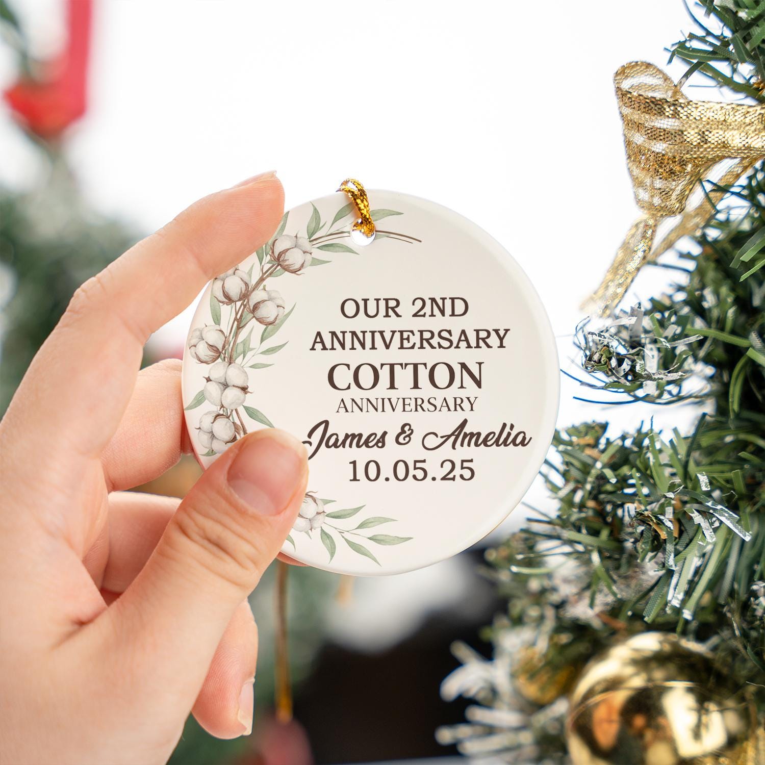 Personalized Ceramic Anniversary Ornament – 2nd Cotton Anniversary