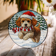 Christmas Dog Suncatcher: Stained Glass Style Puppy Ornament, Santa Hat Gift