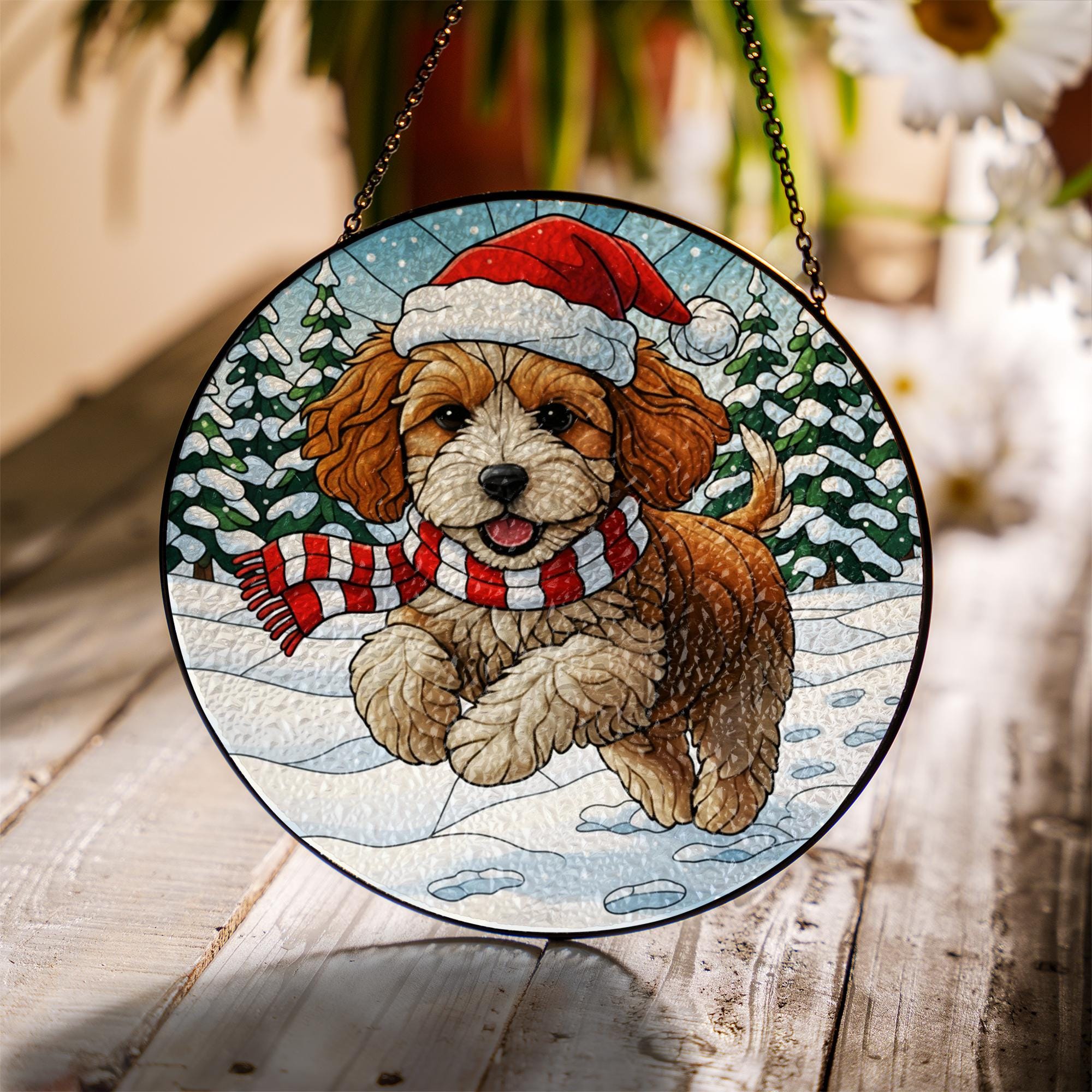 Christmas Dog Suncatcher: Stained Glass Style Puppy Ornament, Santa Hat Gift