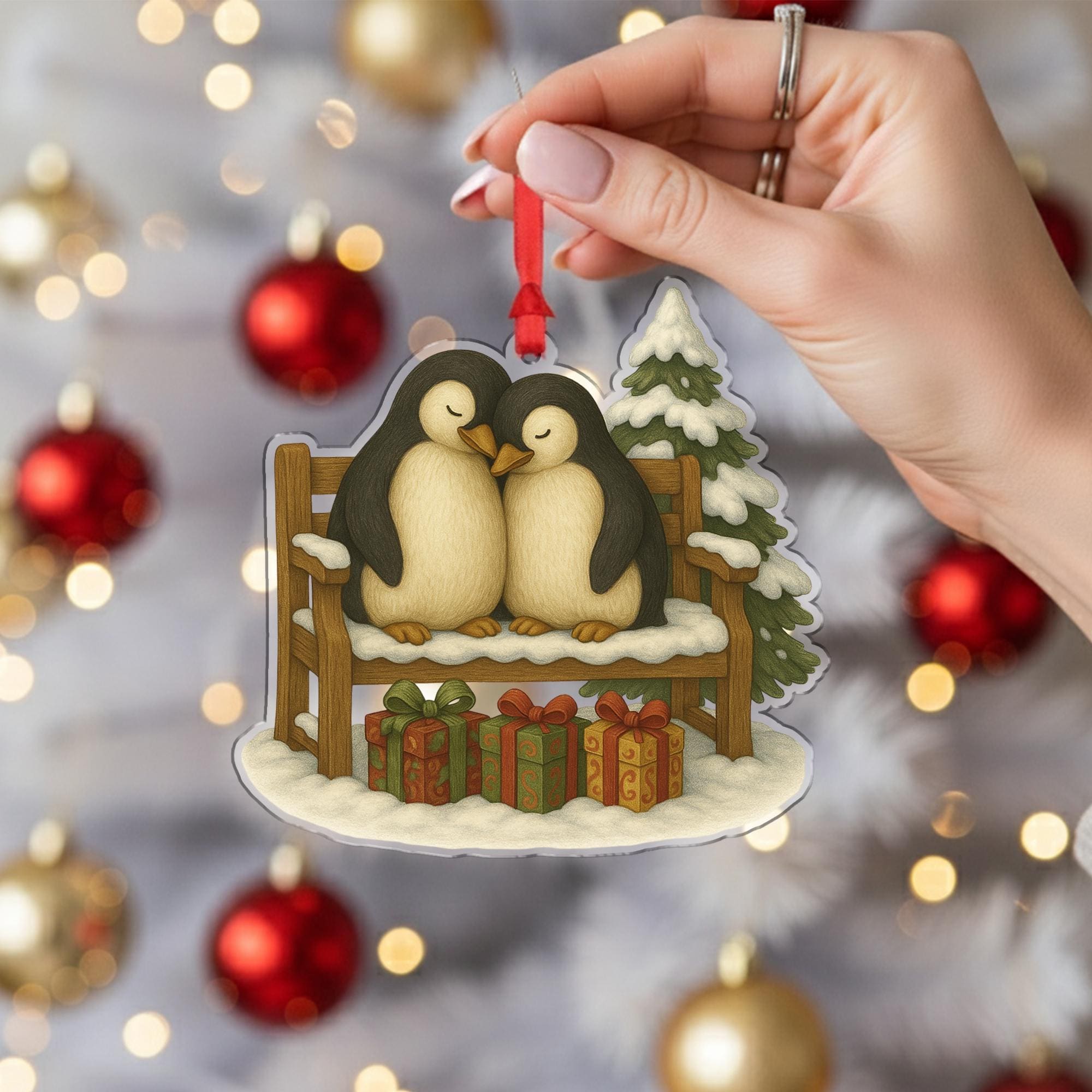 Penguin Ornament – Winter Bench Design with Snow Tree and Gifts