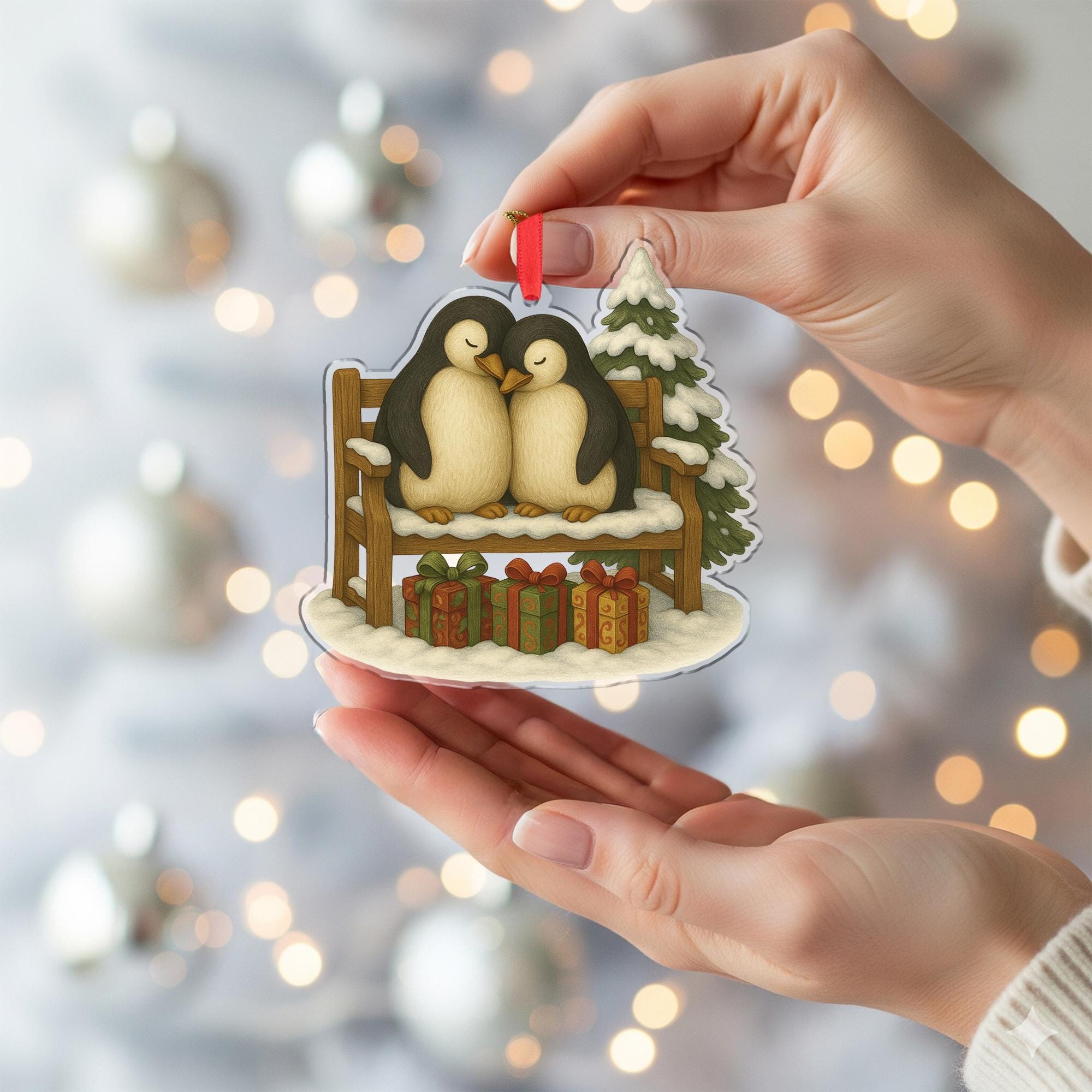 Penguin Ornament – Winter Bench Design with Snow Tree and Gifts