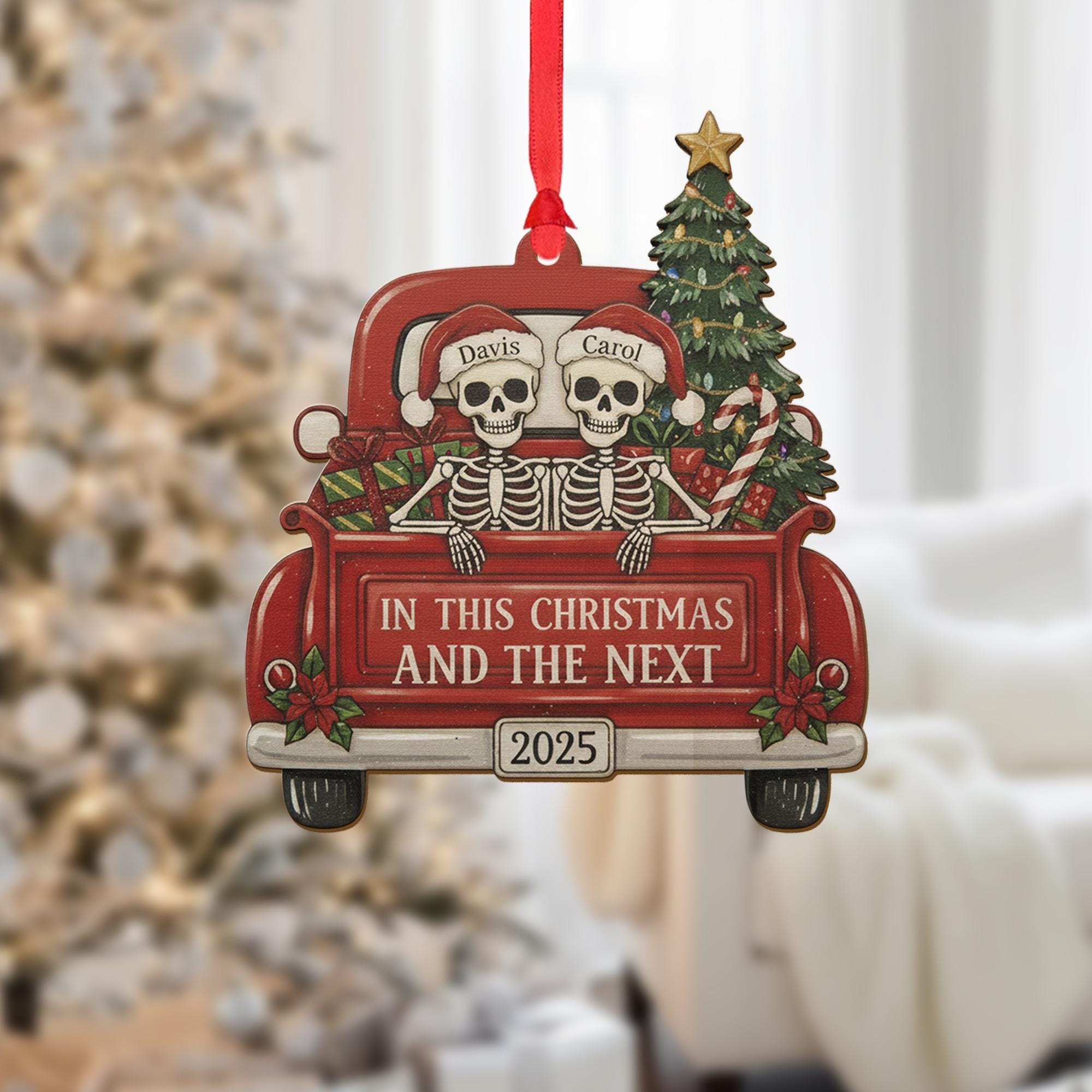 Wood Ornament – Personalized Skeleton Couple in Red Truck with Christmas Tree