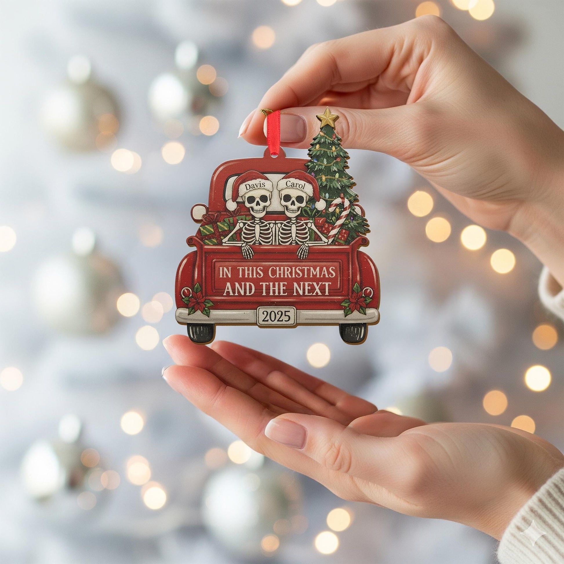 Wood Ornament – Personalized Skeleton Couple in Red Truck with Christmas Tree