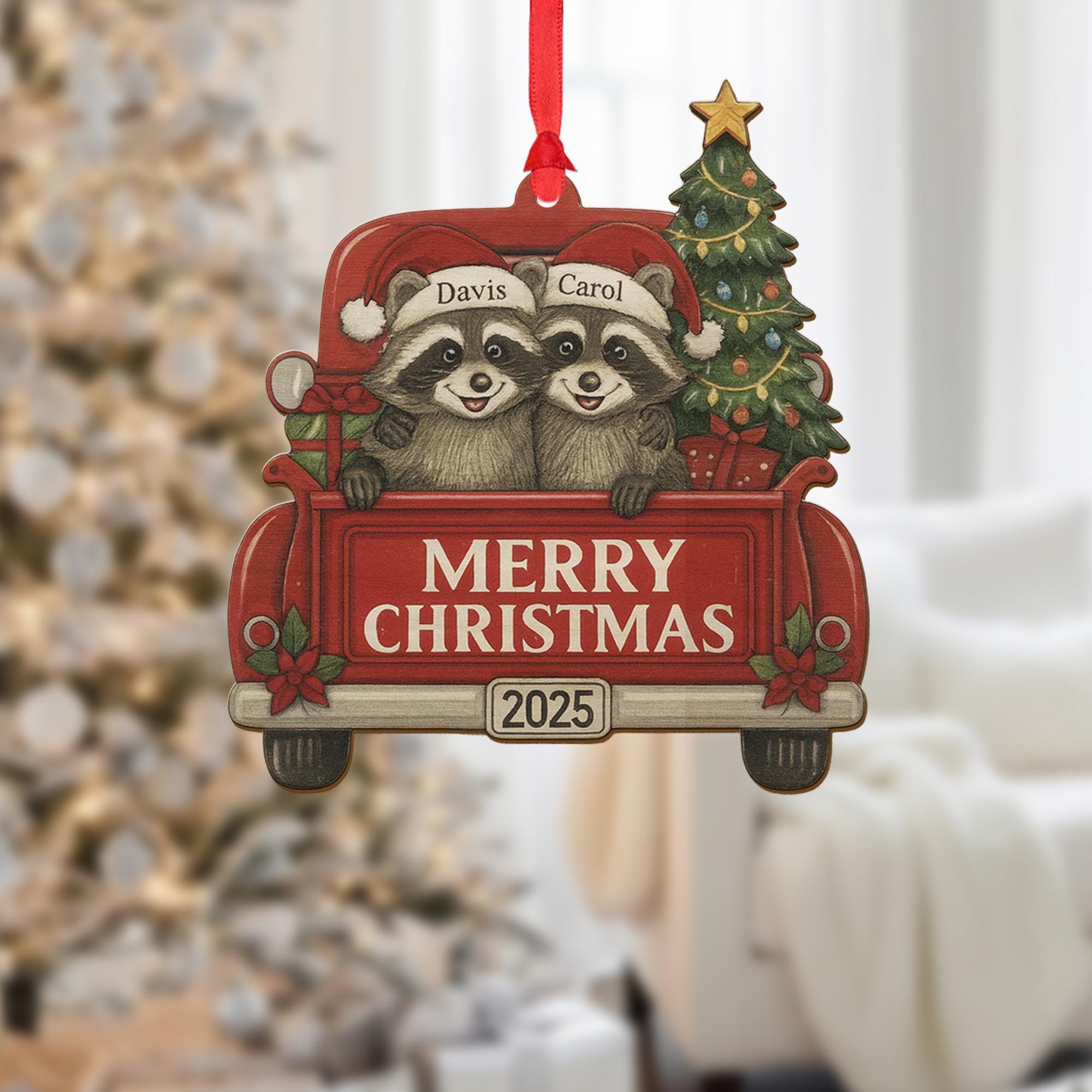 Wood Ornament – Personalized Raccoon Couple in Red Truck with Christmas Tree