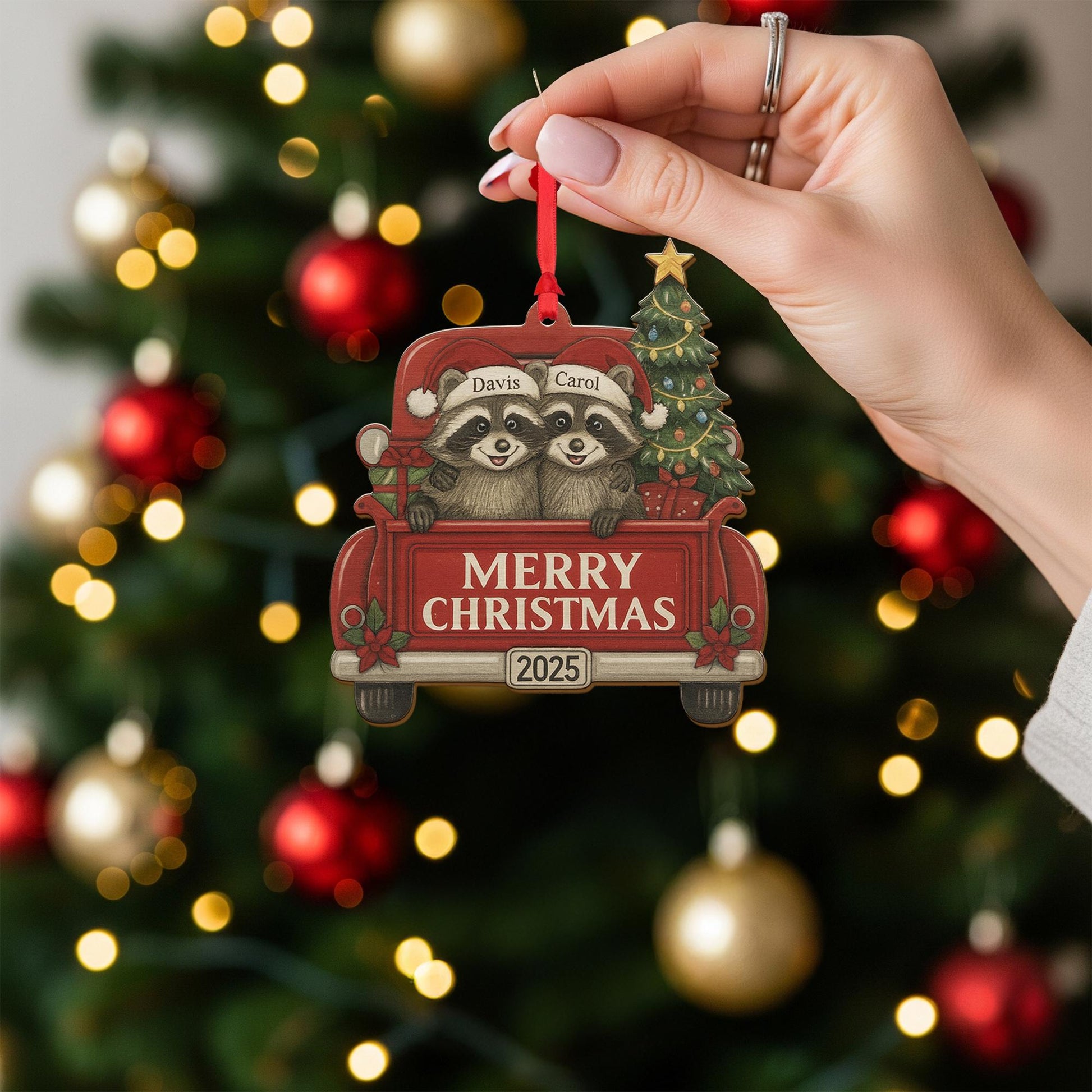 Wood Ornament – Personalized Raccoon Couple in Red Truck with Christmas Tree