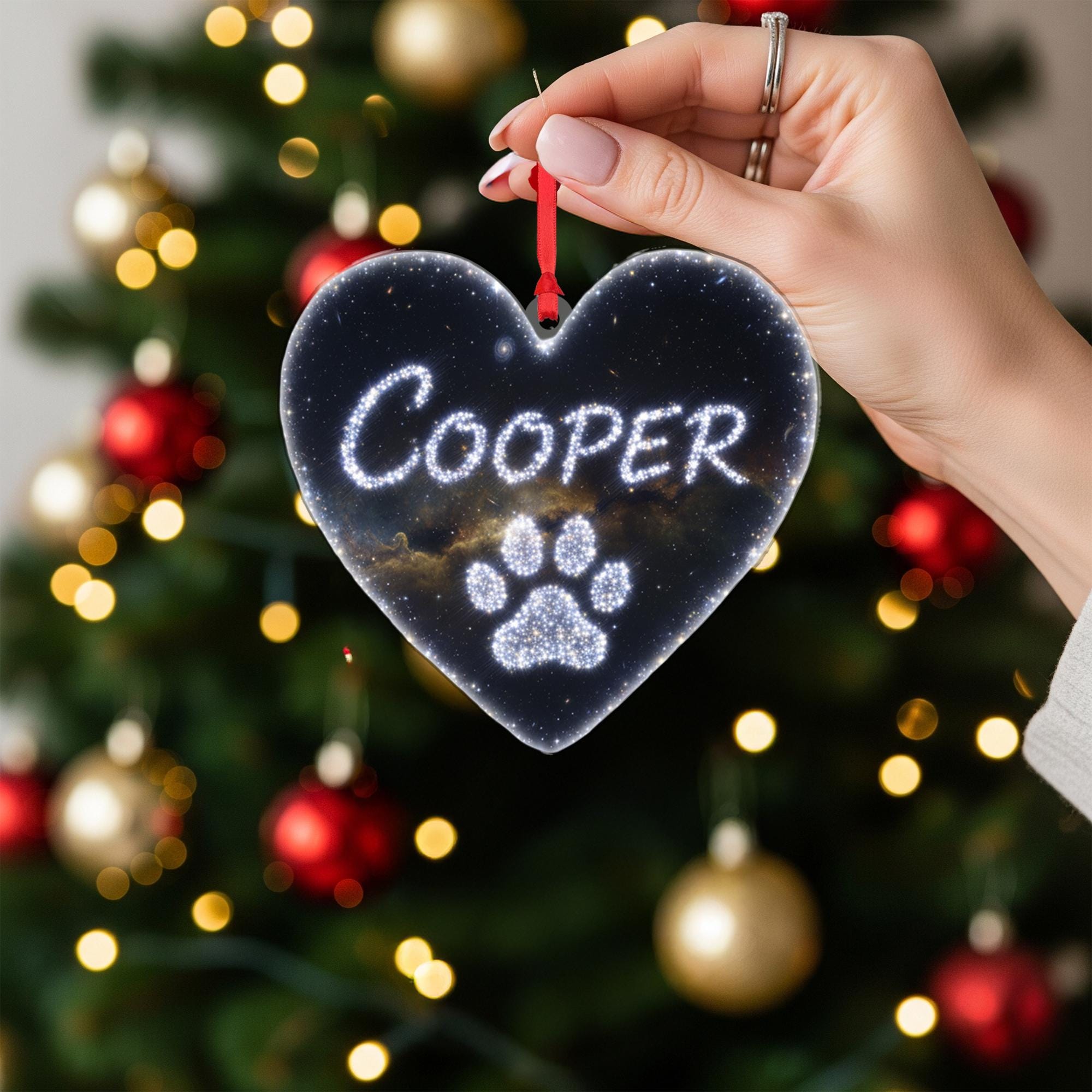 Heart Ornament – Personalized Pet Memorial with Paw Print and Starry Sky