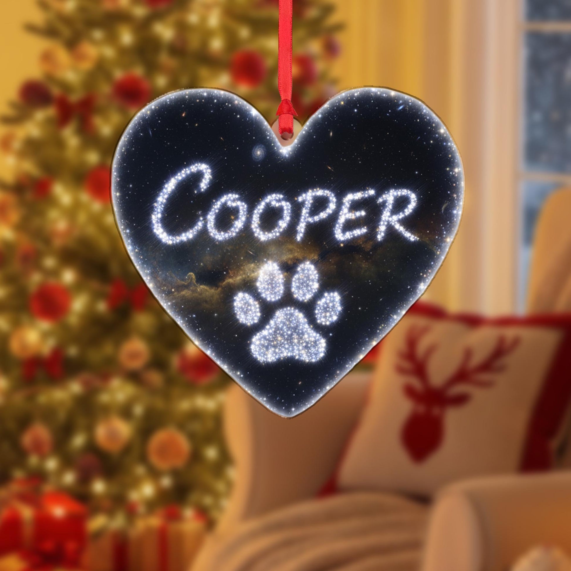 Heart Ornament – Personalized Pet Memorial with Paw Print and Starry Sky