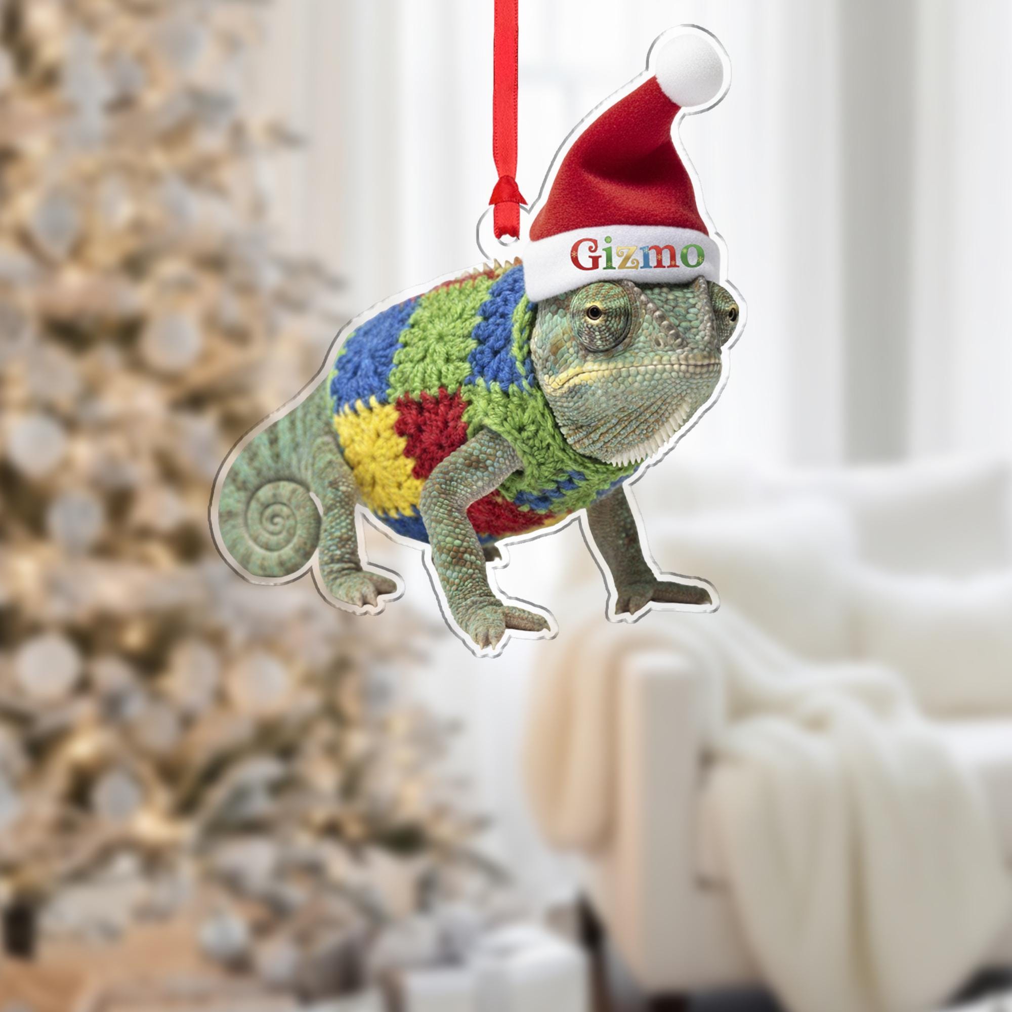 Personalized Ornament – Custom Chameleon Design with Santa Hat and Sweater
