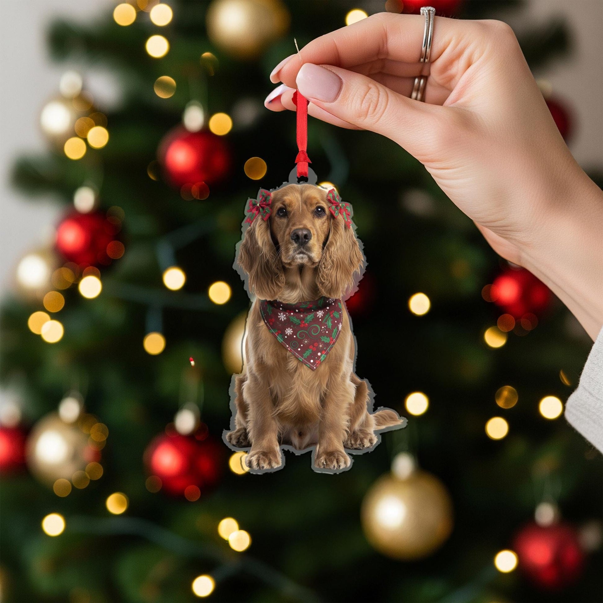 Personalized Ornament – Custom Dog Design with Holiday Bandana and Bows