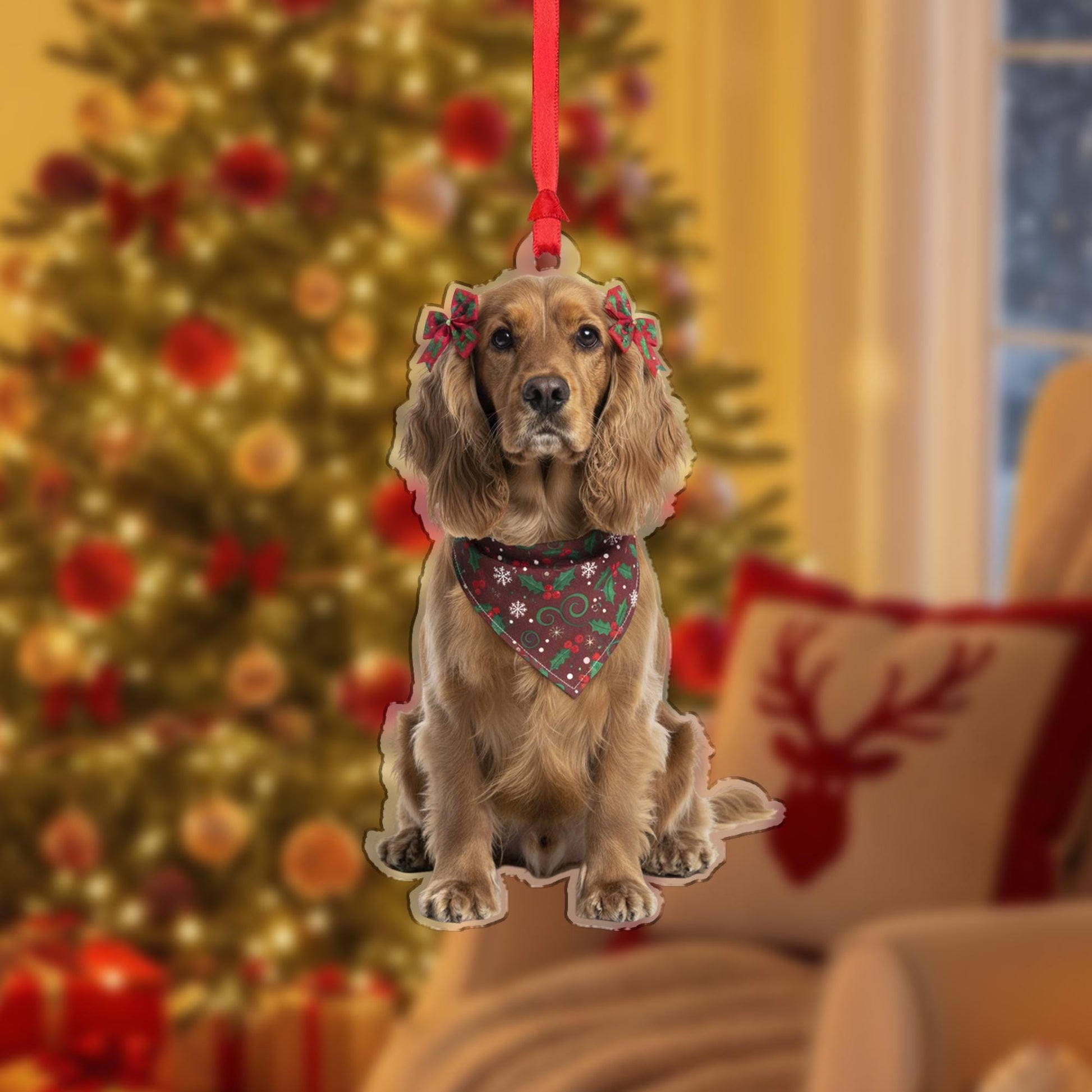Personalized Ornament – Custom Dog Design with Holiday Bandana and Bows