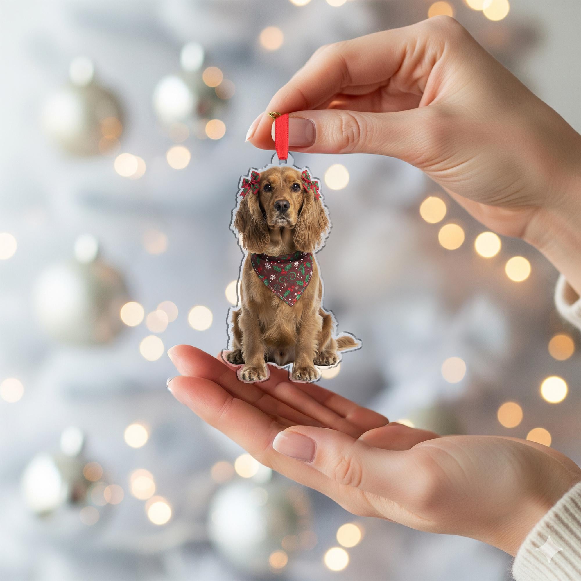 Personalized Ornament – Custom Dog Design with Holiday Bandana and Bows