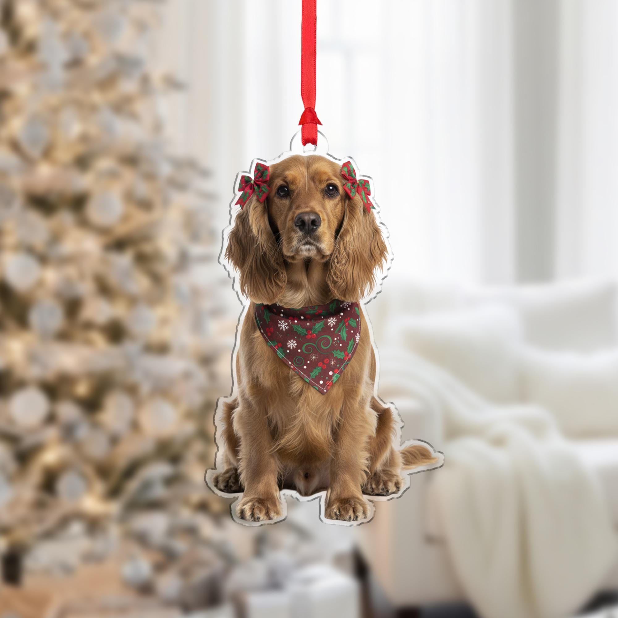 Personalized Ornament – Custom Dog Design with Holiday Bandana and Bows