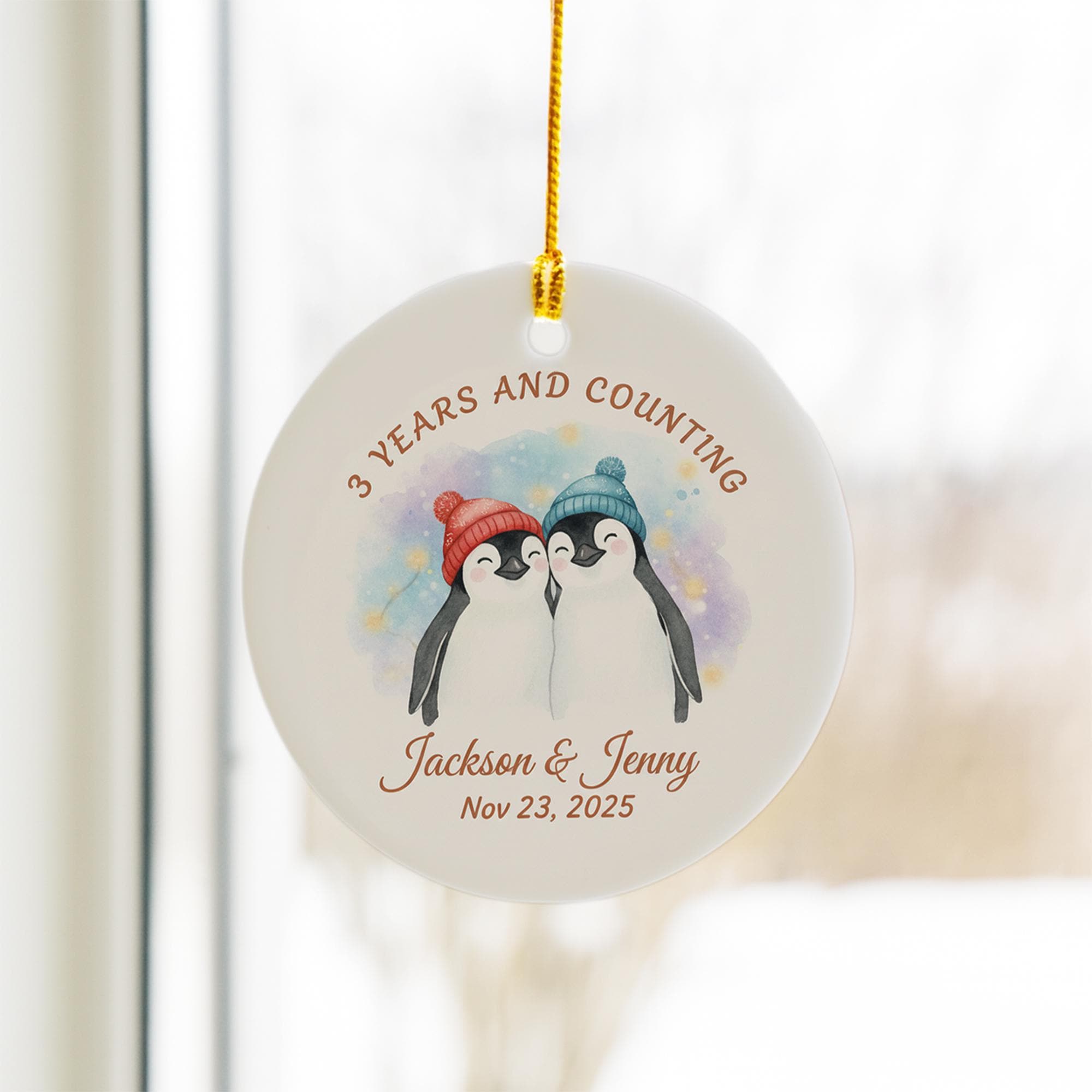 Ceramic Ornament – Personalized Penguin Couple Design with Names and Date