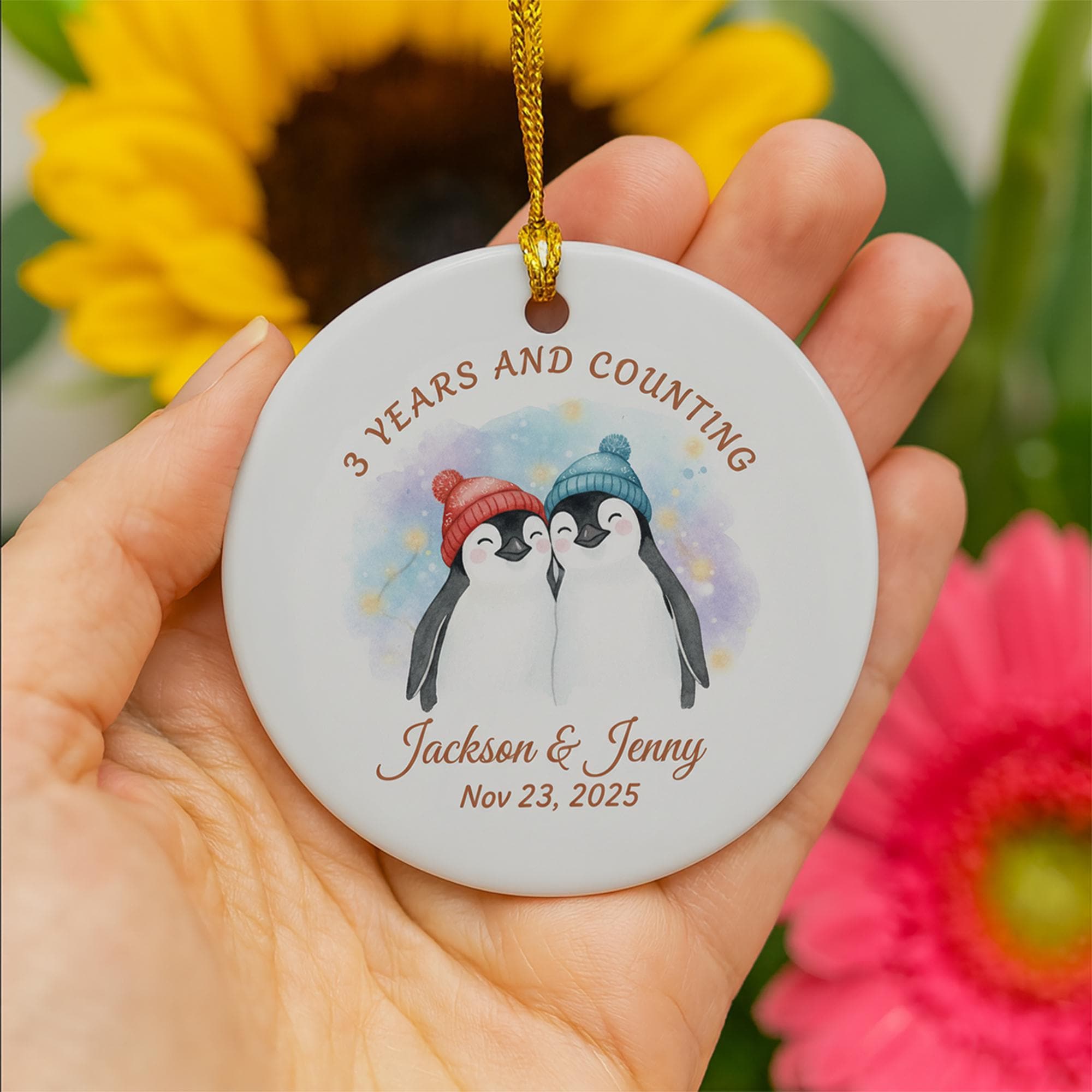 Ceramic Ornament – Personalized Penguin Couple Design with Names and Date