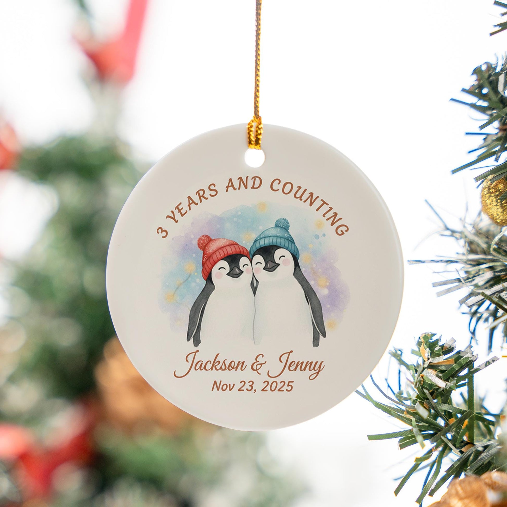 Ceramic Ornament – Personalized Penguin Couple Design with Names and Date