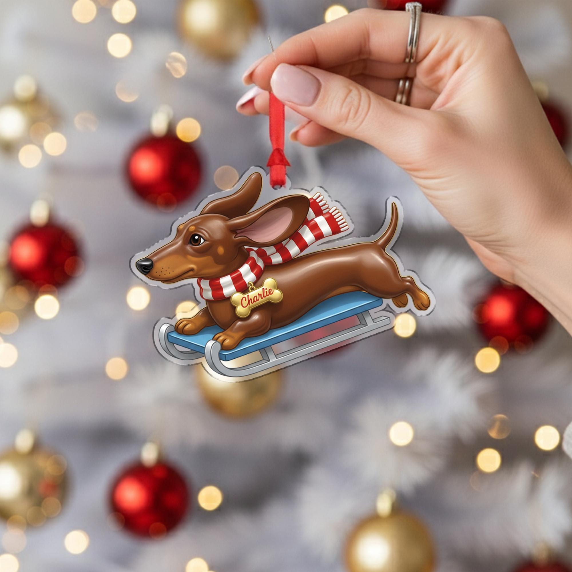 Personalized Dog Ornament Dachshund on Sled Acrylic Christmas Decoration