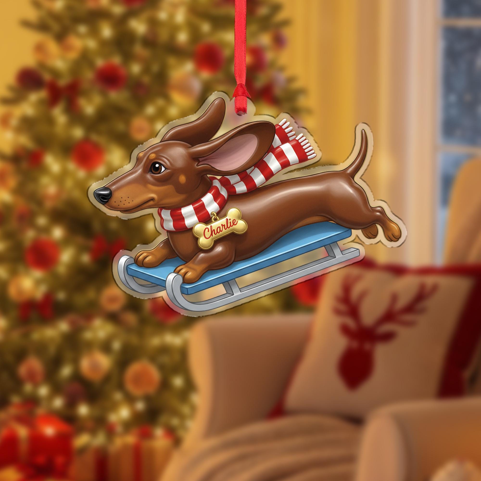 Personalized Dog Ornament Dachshund on Sled Acrylic Christmas Decoration