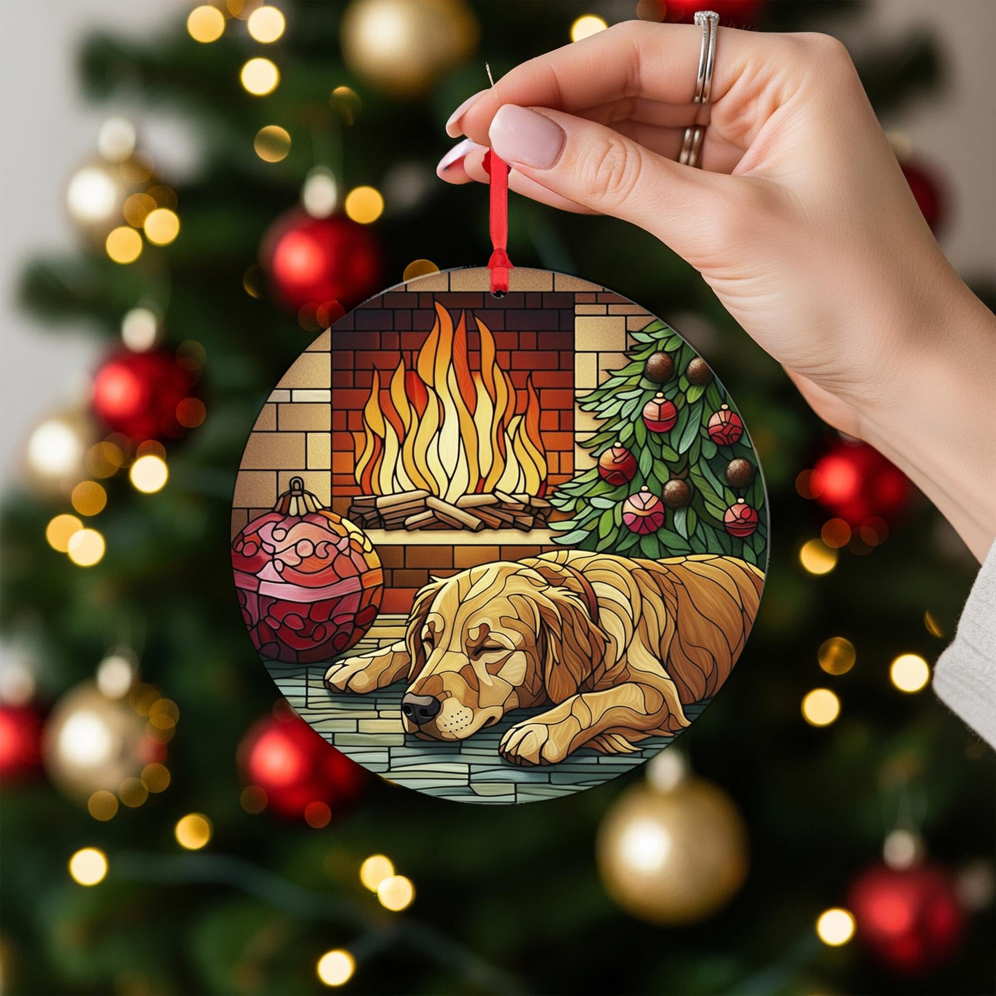 Golden Retriever Christmas Ornament, Dog by Fireplace Holiday Decor, Pet Ornament, Cozy Tree Decoration