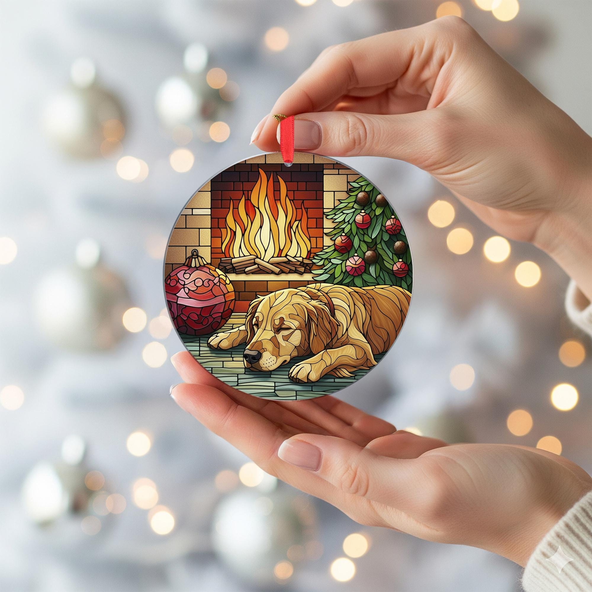 Golden Retriever Christmas Ornament, Dog by Fireplace Holiday Decor, Pet Ornament, Cozy Tree Decoration