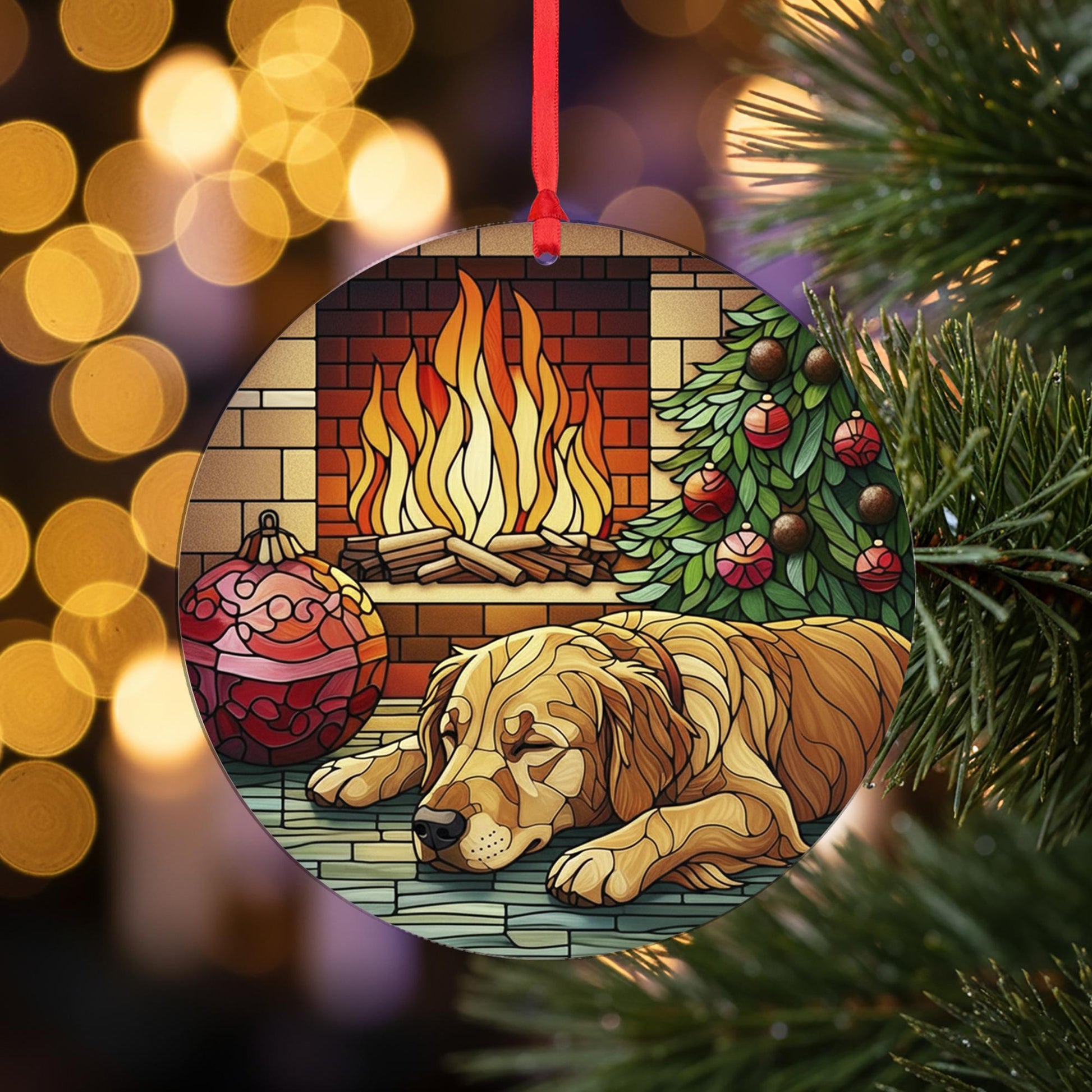 Golden Retriever Christmas Ornament, Dog by Fireplace Holiday Decor, Pet Ornament, Cozy Tree Decoration