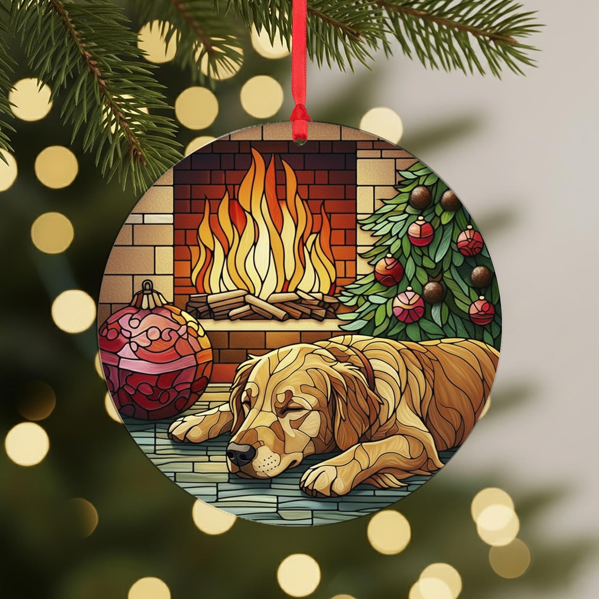 Golden Retriever Christmas Ornament, Dog by Fireplace Holiday Decor, Pet Ornament, Cozy Tree Decoration