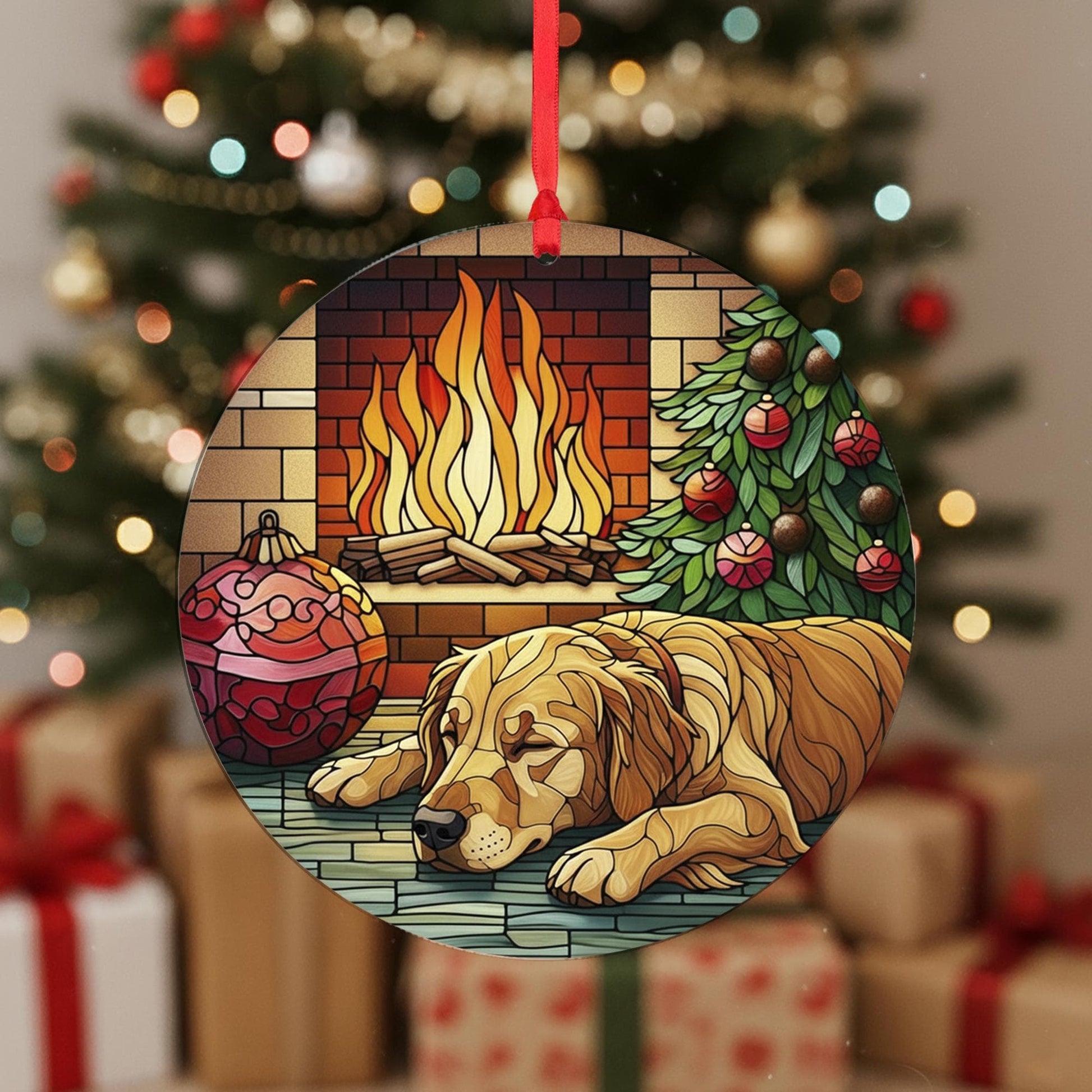 Golden Retriever Christmas Ornament, Dog by Fireplace Holiday Decor, Pet Ornament, Cozy Tree Decoration