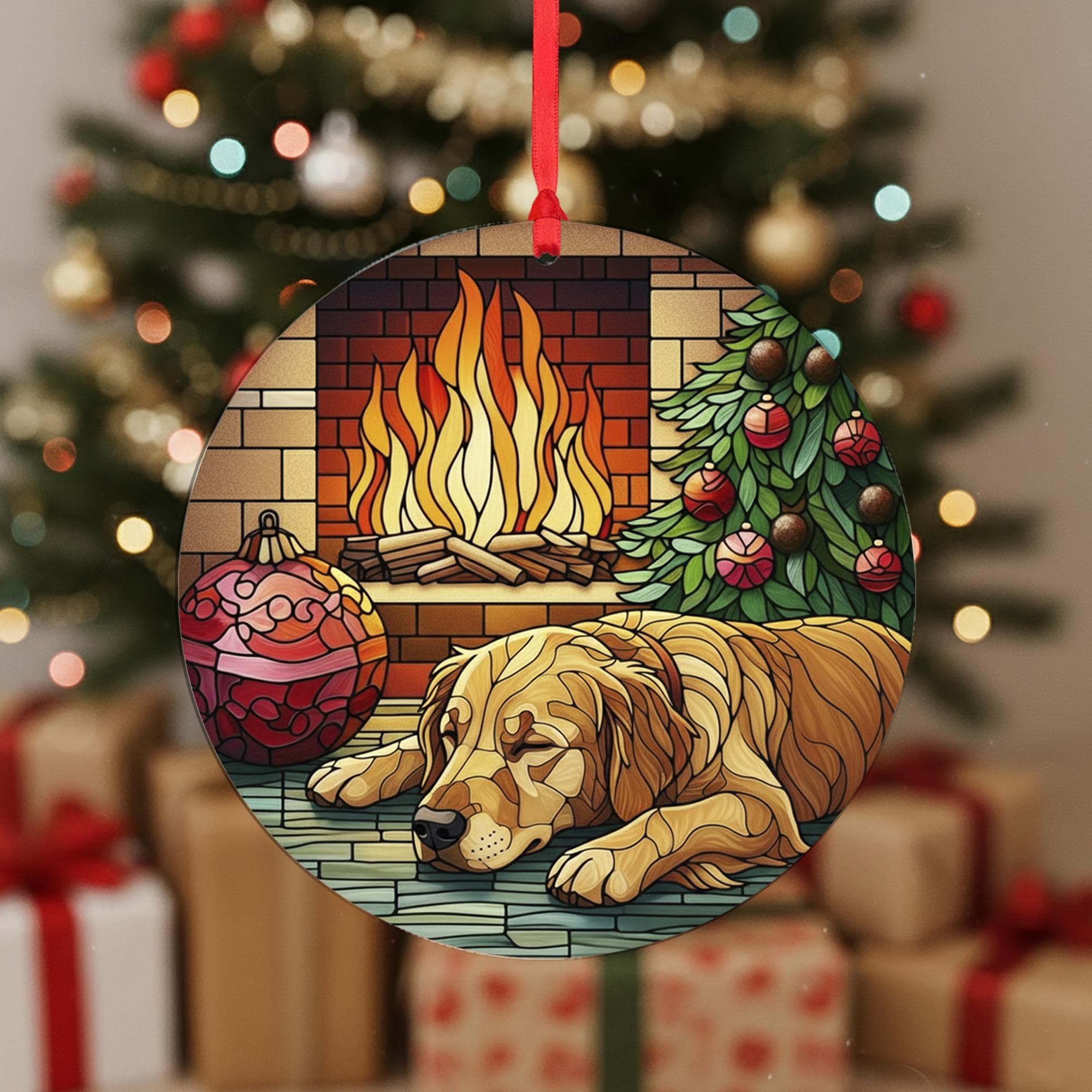Golden Retriever Christmas Ornament, Dog by Fireplace Holiday Decor, Pet Ornament, Cozy Tree Decoration