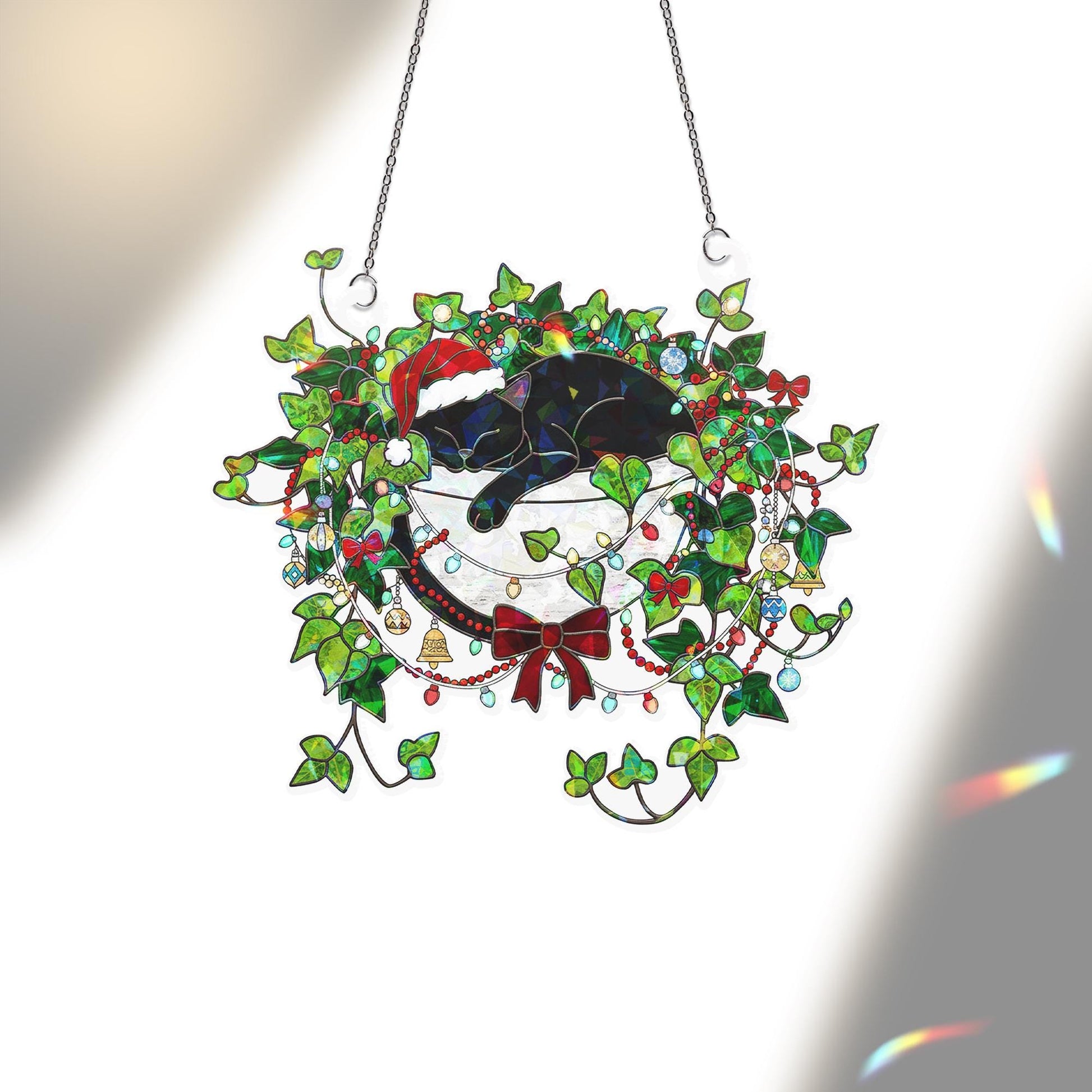 Holographic Black Cat Christmas Window Hanging – Holiday Suncatcher Decor