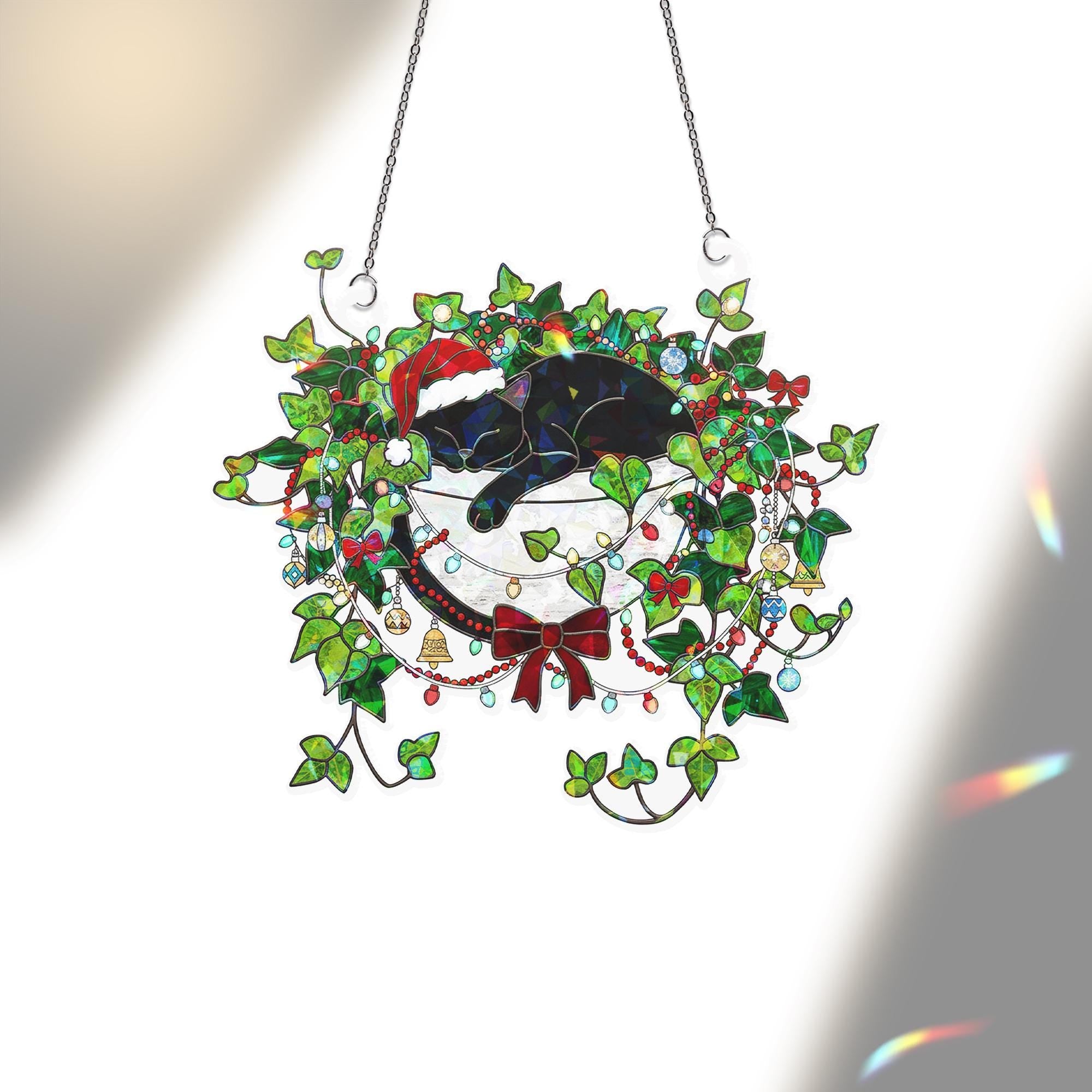 Holographic Black Cat Christmas Window Hanging – Holiday Suncatcher Decor