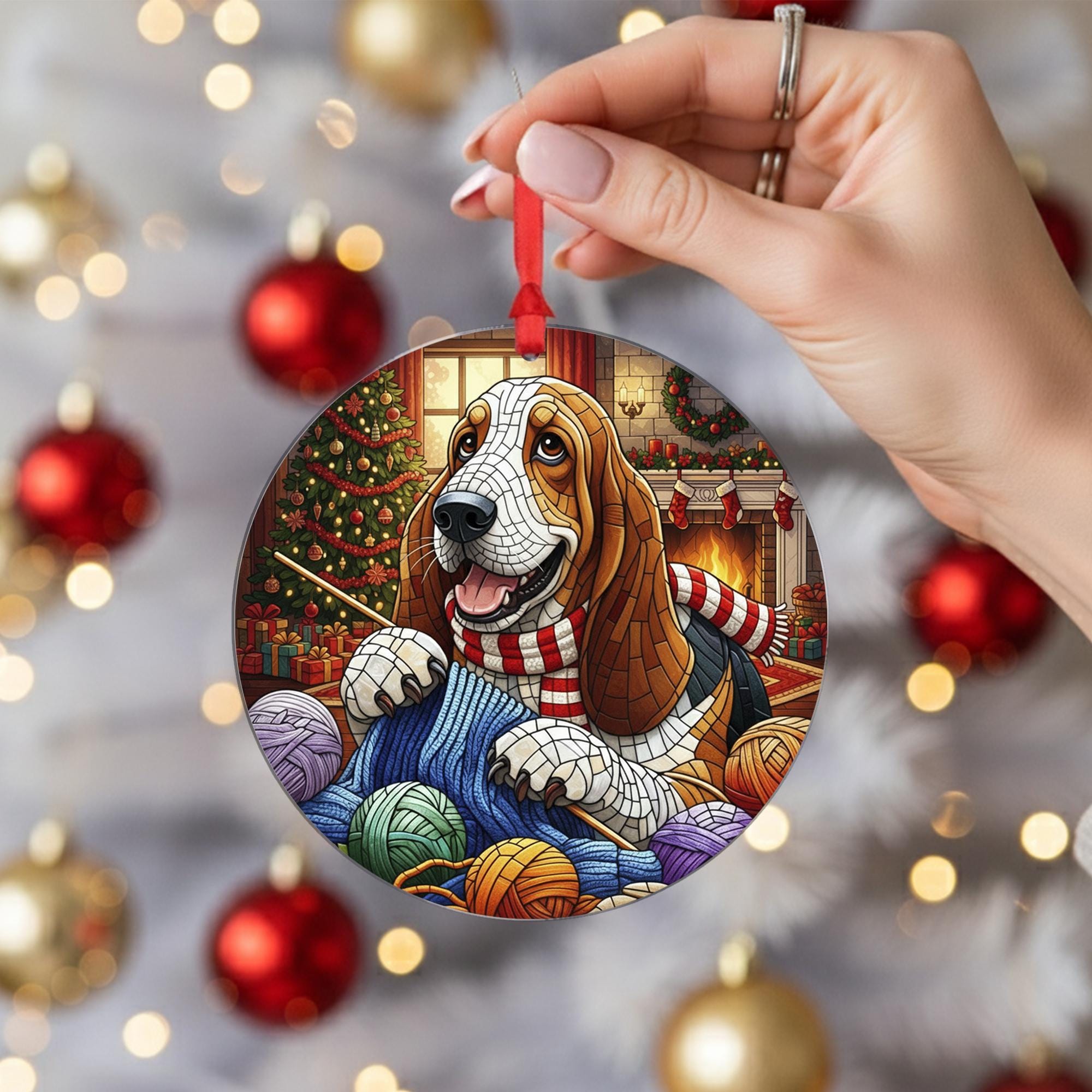 Basset Hound Christmas Ornament, Dog Knitting Holiday Decor, Pet Ornament, Cozy Fireplace Tree Decoration