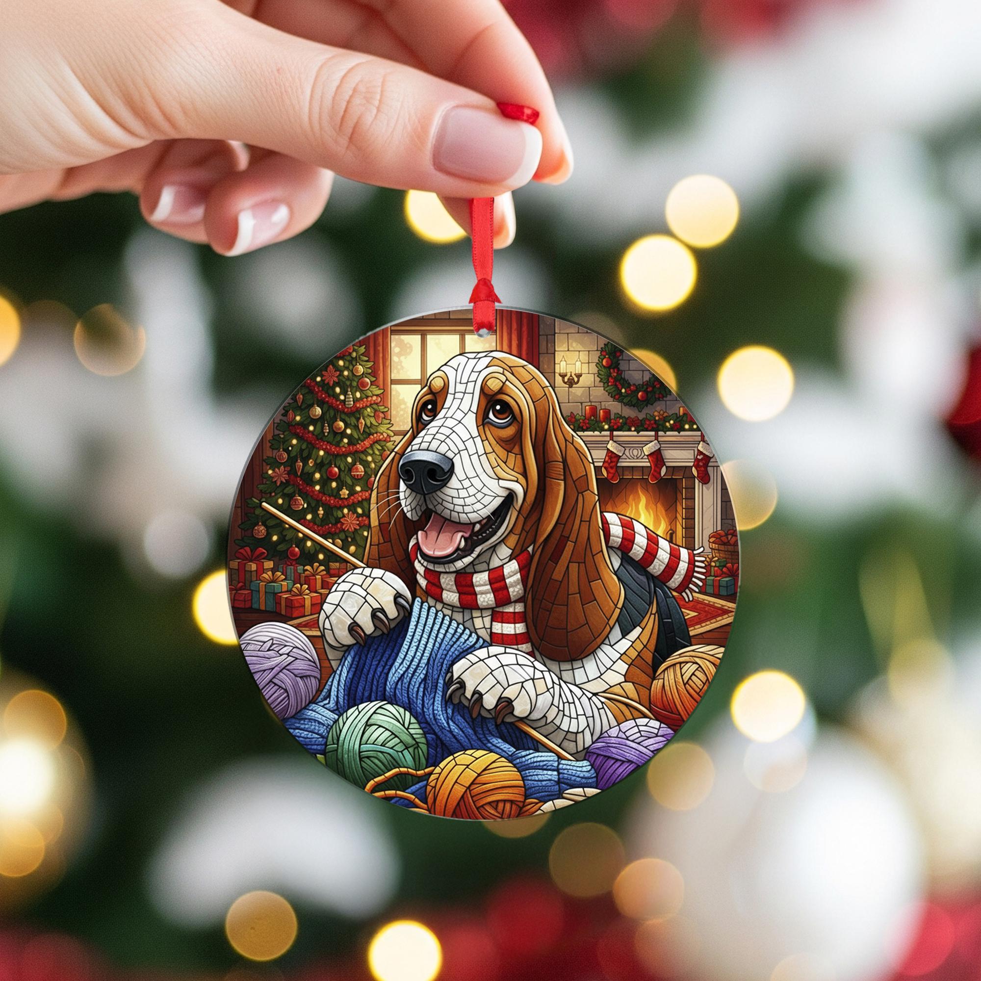 Basset Hound Christmas Ornament, Dog Knitting Holiday Decor, Pet Ornament, Cozy Fireplace Tree Decoration