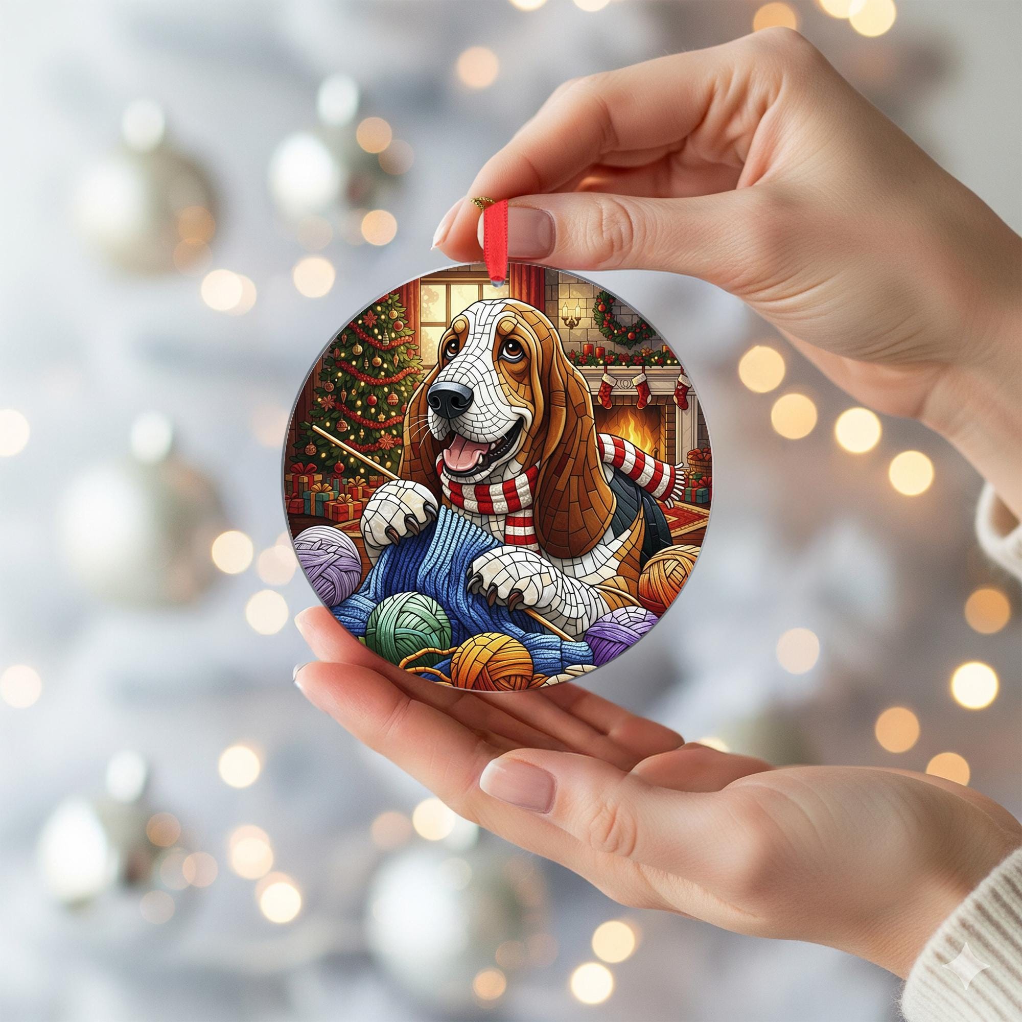 Basset Hound Christmas Ornament, Dog Knitting Holiday Decor, Pet Ornament, Cozy Fireplace Tree Decoration