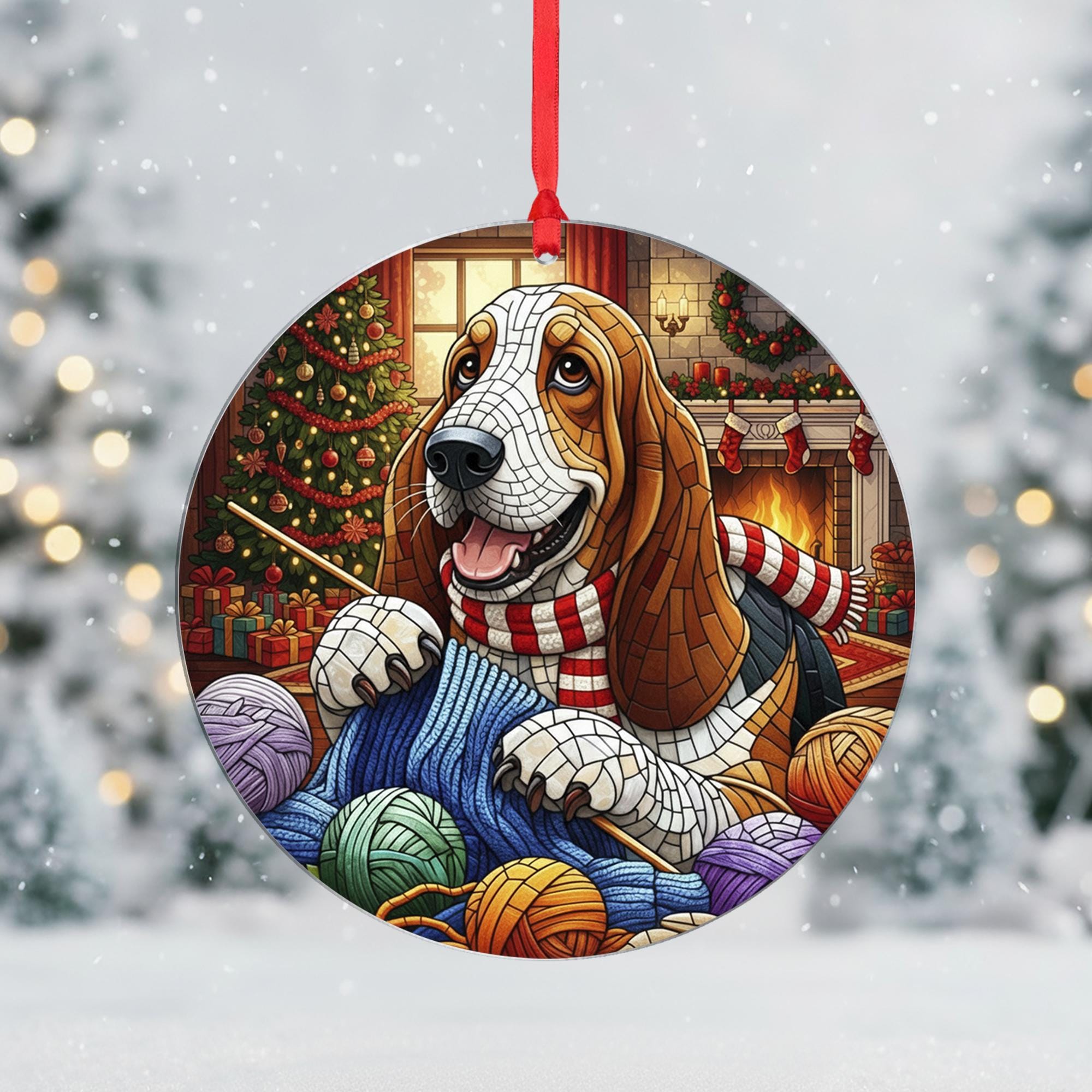 Basset Hound Christmas Ornament, Dog Knitting Holiday Decor, Pet Ornament, Cozy Fireplace Tree Decoration