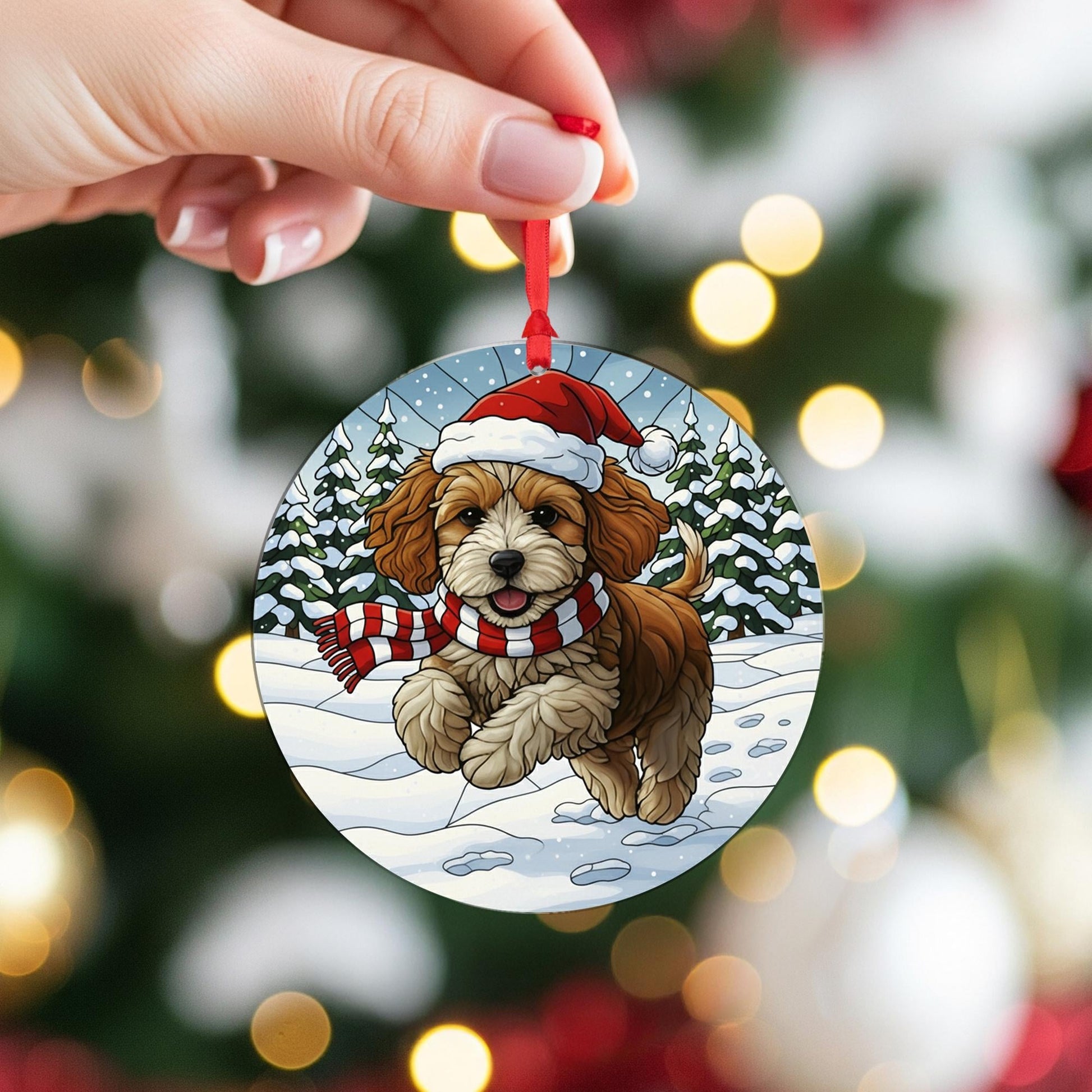 Dog Christmas Ornament – Cavapoo Puppy in Santa Hat and Scarf, Winter Snow Scene Decoration