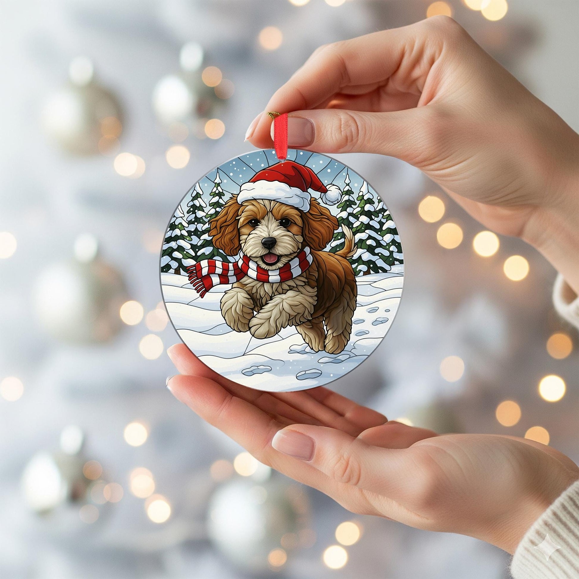 Dog Christmas Ornament – Cavapoo Puppy in Santa Hat and Scarf, Winter Snow Scene Decoration