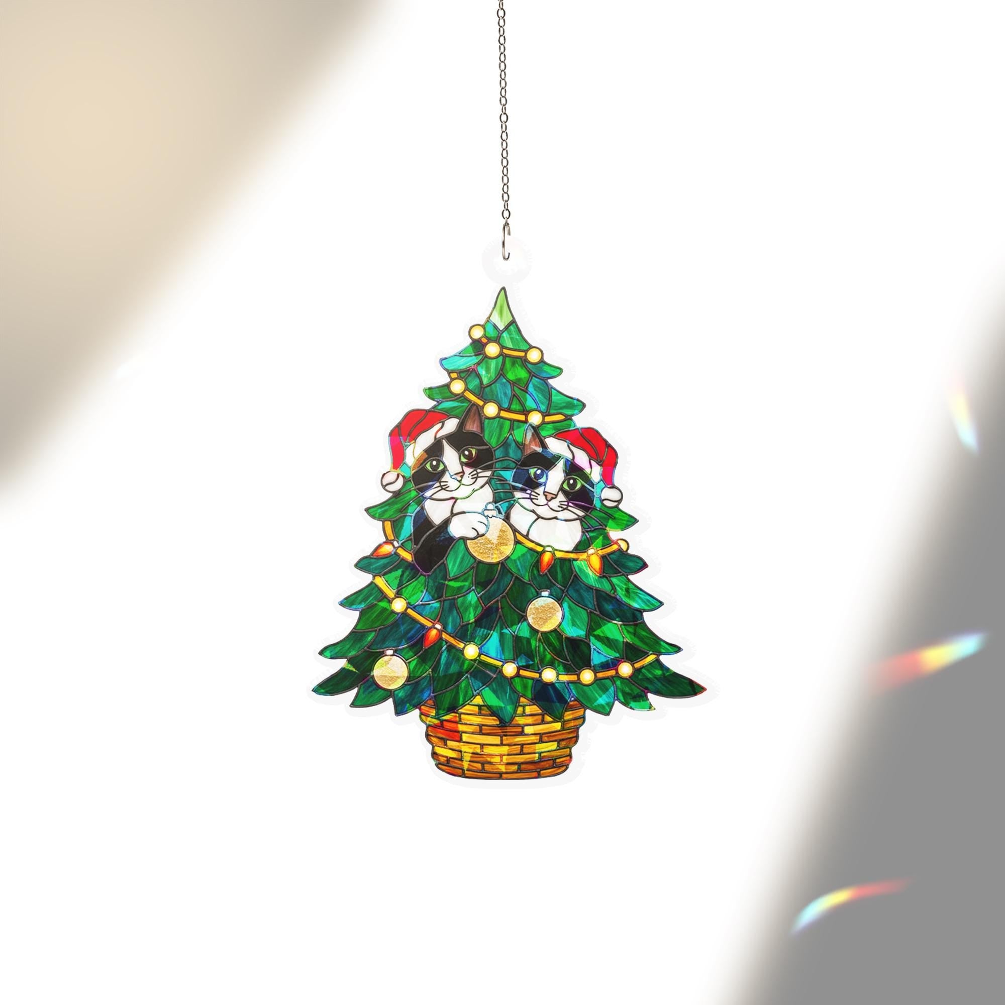 Tuxedo Cat Christmas Tree Window Hanging – Holiday Suncatcher Decor