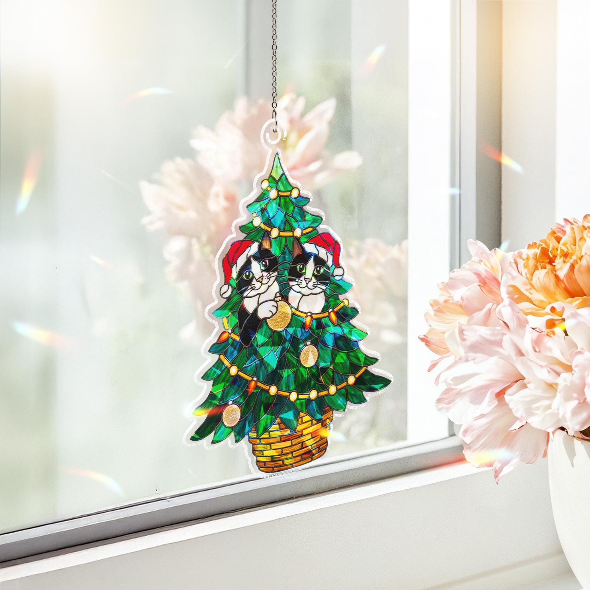Tuxedo Cat Christmas Tree Window Hanging – Holiday Suncatcher Decor