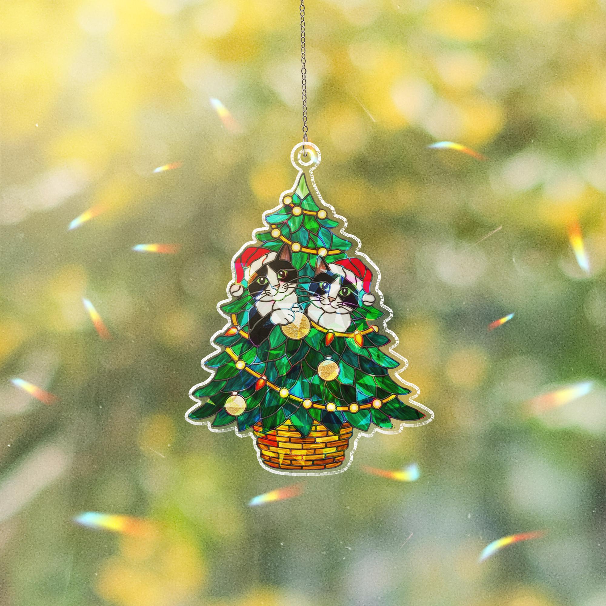 Tuxedo Cat Christmas Tree Window Hanging – Holiday Suncatcher Decor